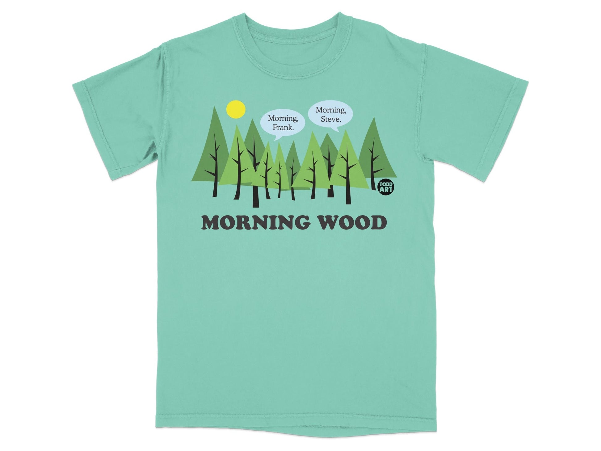 Mint t-shirt with cartoon trees, speech bubbles, and text "MORNING WOOD".