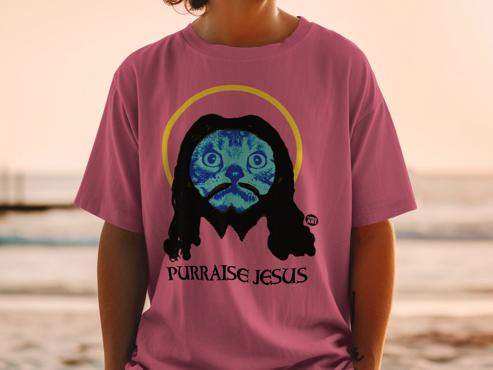 Purraise Jesus Cat Design T-Shirt with Halo