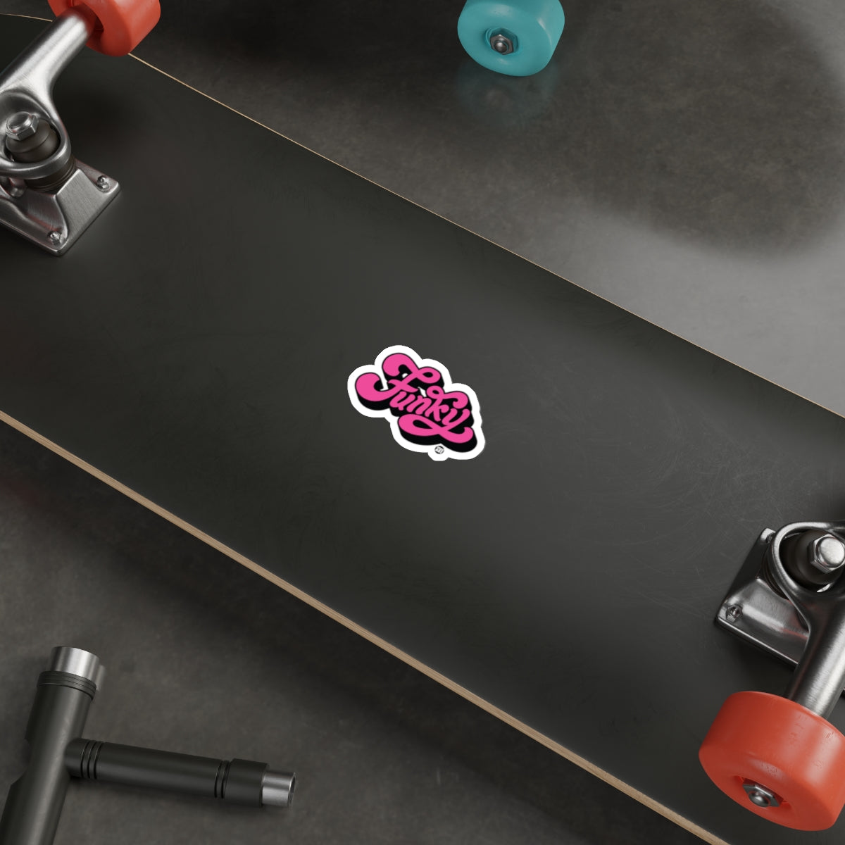 Funky Skateboard Deck with Vibrant Orange Wheels