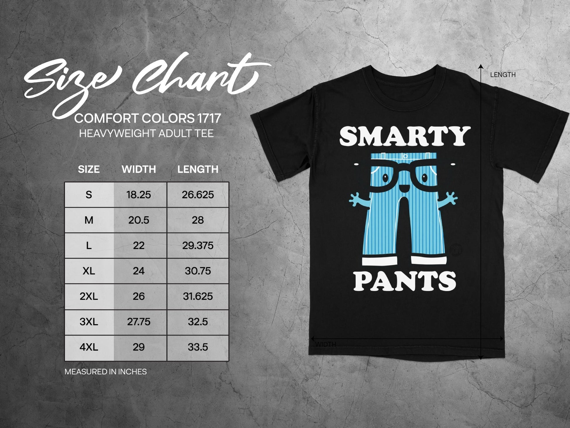 Size chart for Smarty Pants heavyweight adult tee, measured in inches.