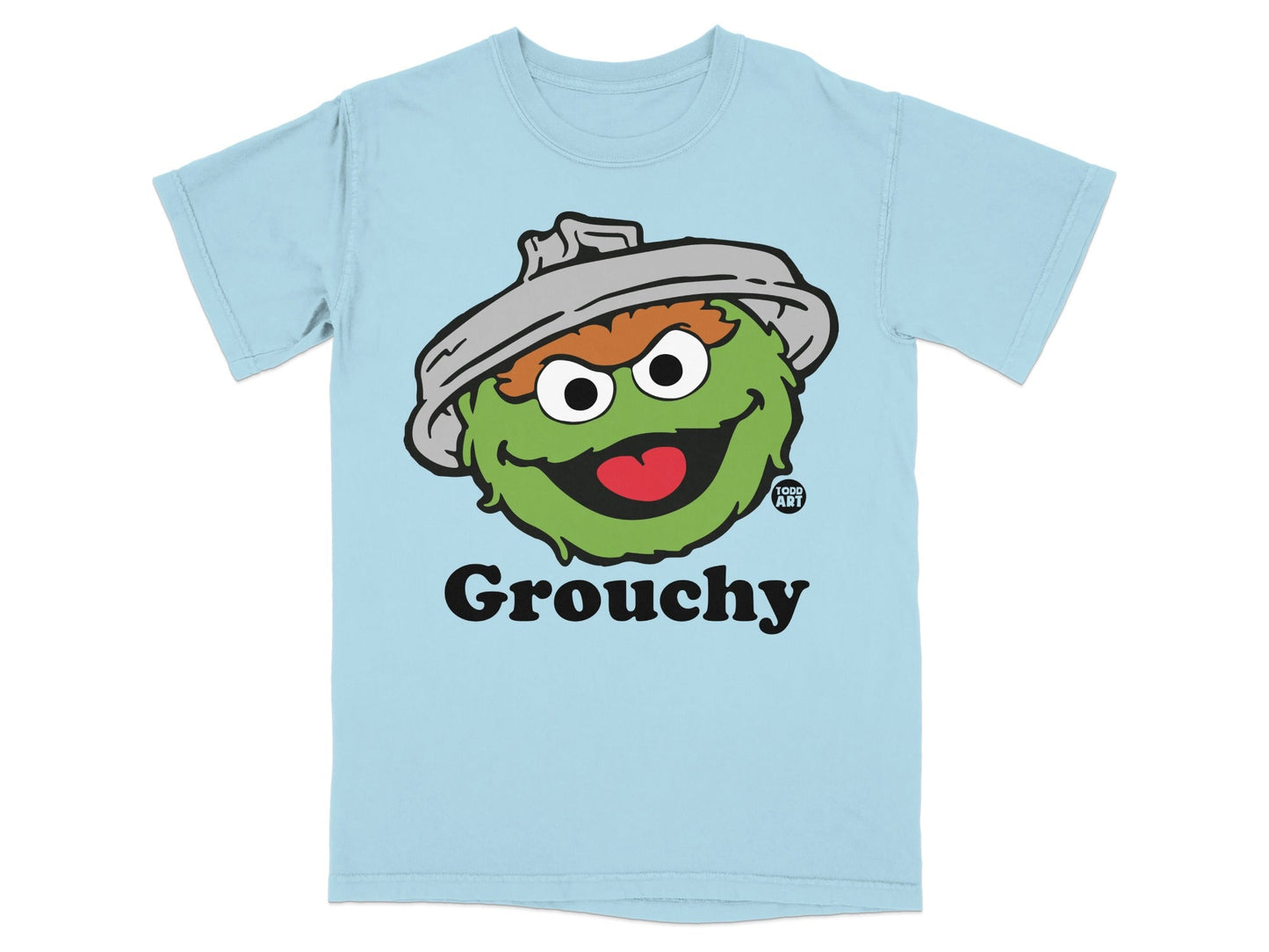 Light blue t-shirt with Oscar the Grouch's face and the word "Grouchy".