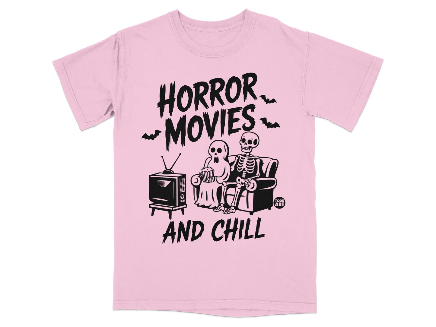 Pink t-shirt with "Horror Movies AND CHILL" and skeleton couple watching TV.