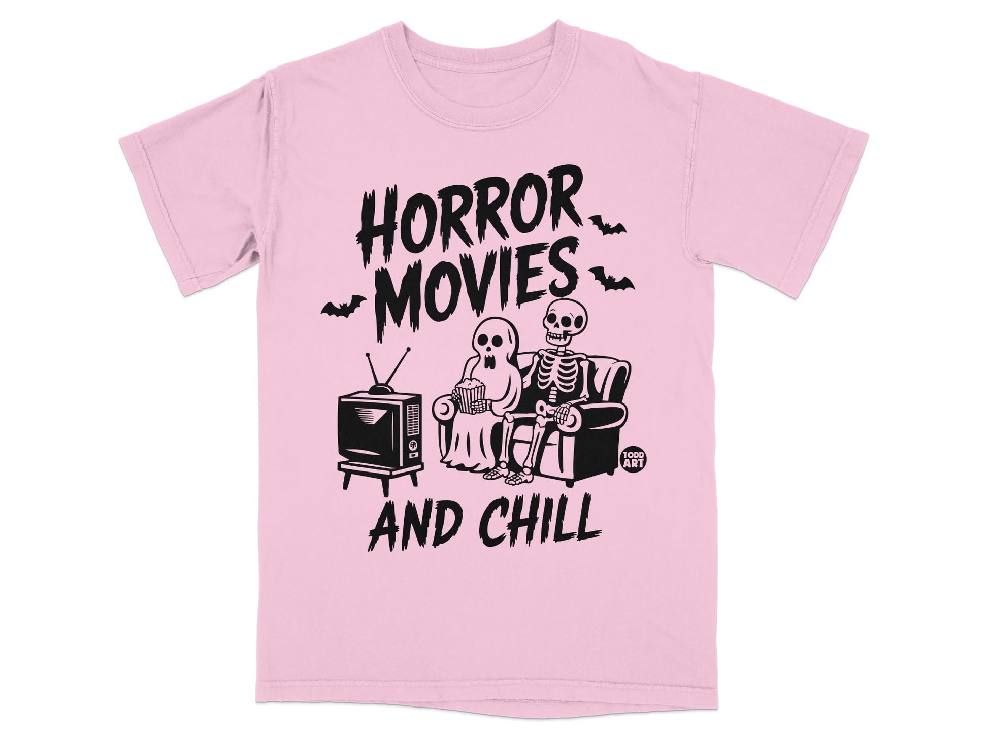 Pink t-shirt with "Horror Movies AND CHILL" and skeleton couple watching TV.