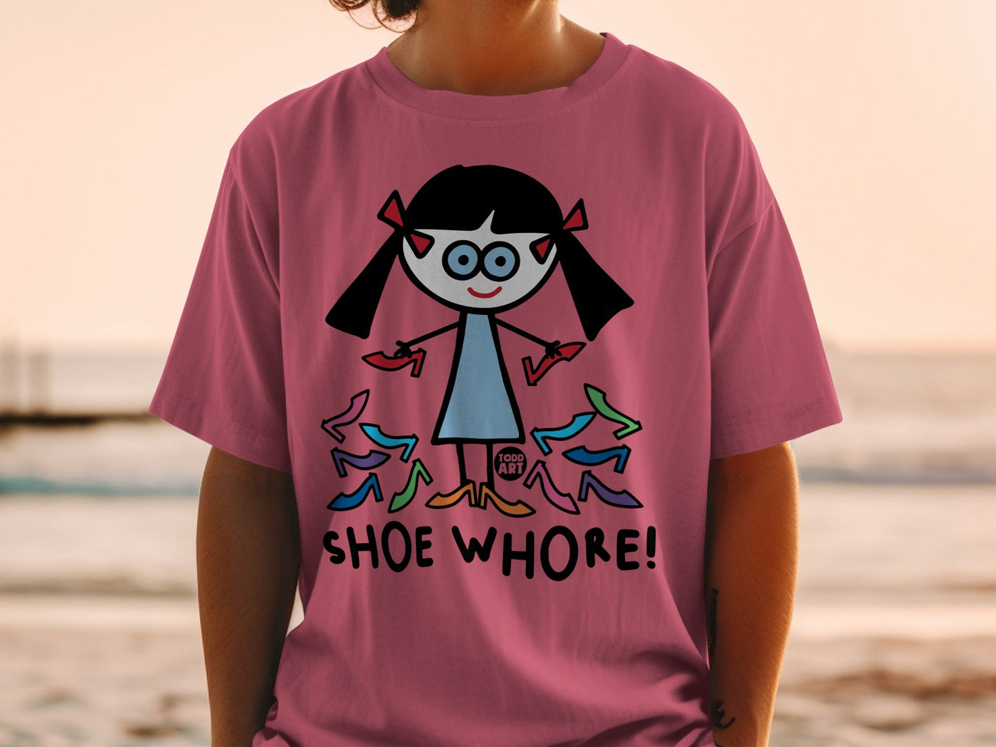 Pink Tee with Cartoon Character and Shoe Whore Design