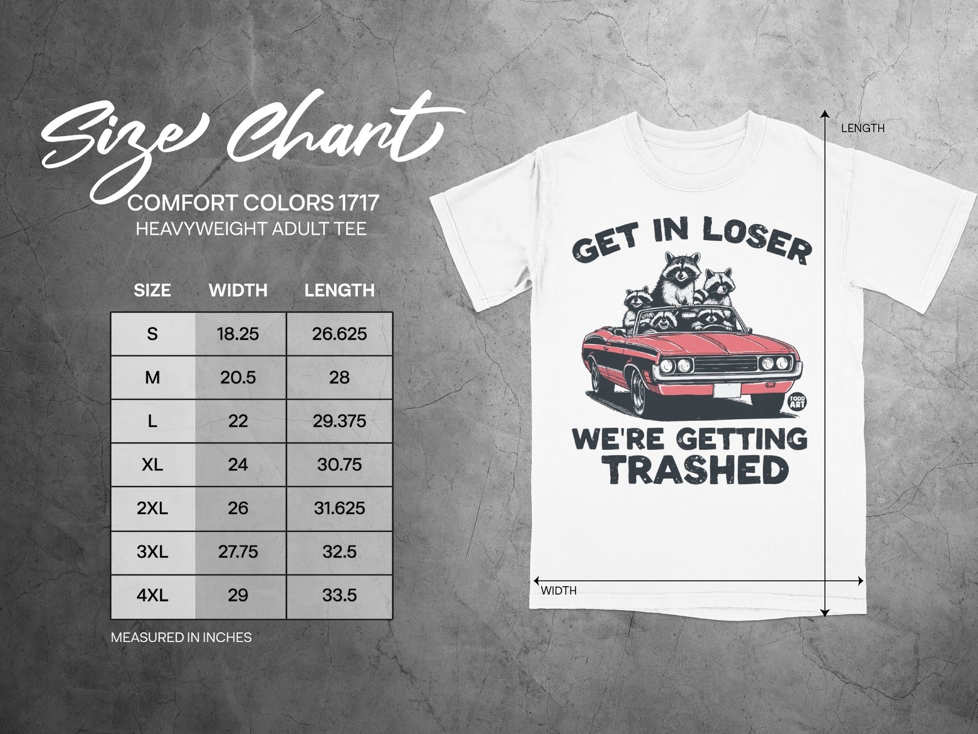 Size chart for Comfort Colors 1717 heavyweight adult tee with graphic.