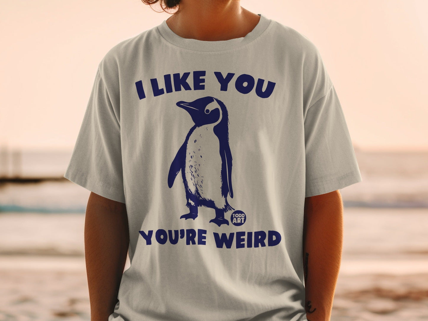 T-shirt with dark blue penguin graphic and "I LIKE YOU YOU'RE WEIRD" text.