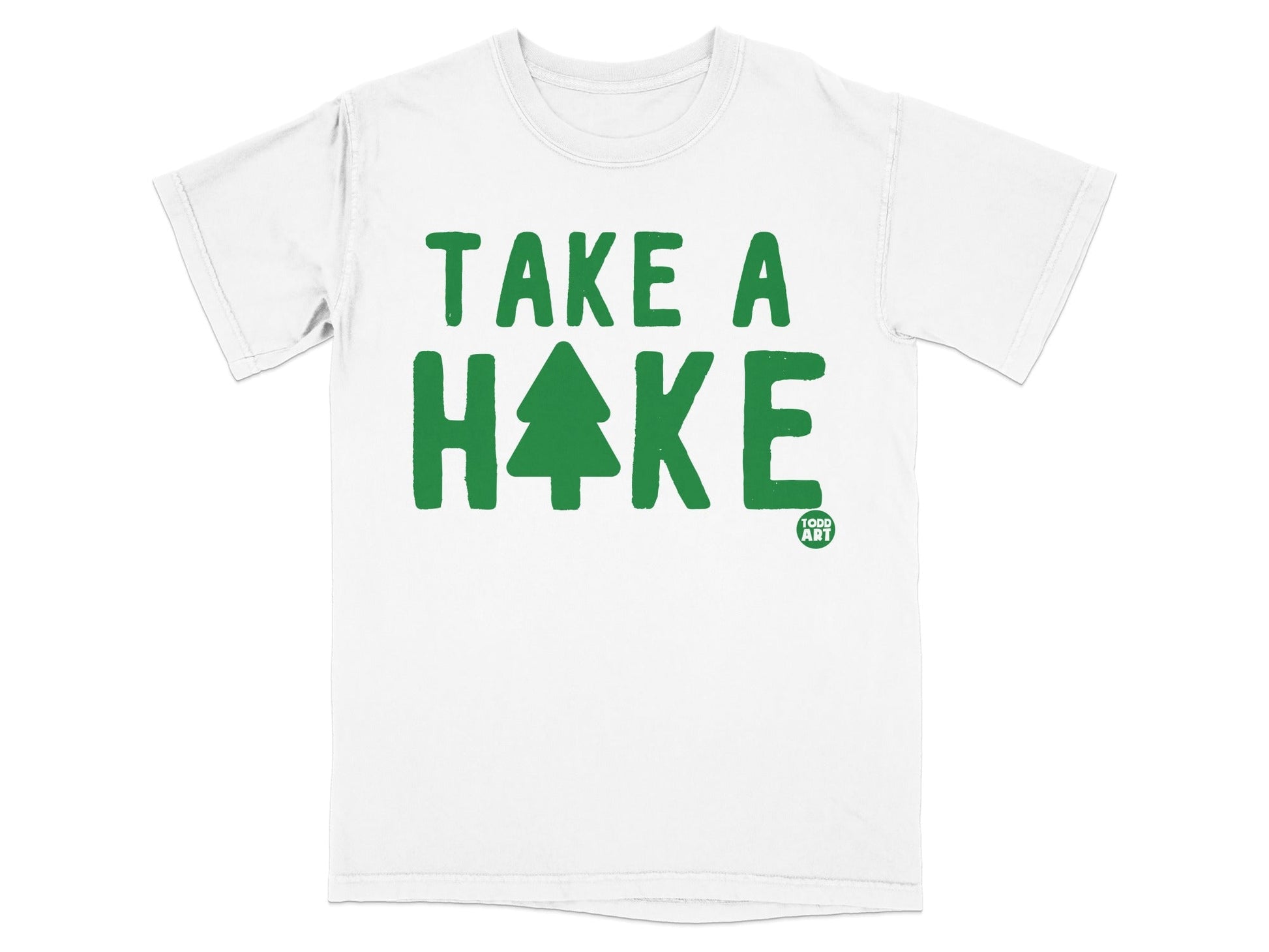 White t-shirt with green "TAKE A HAKE" text and a small tree logo.
