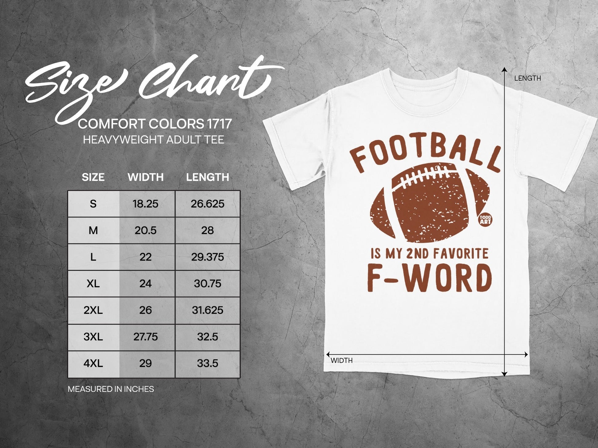 Comfort Colors size chart for heavyweight adult tee with football graphic.