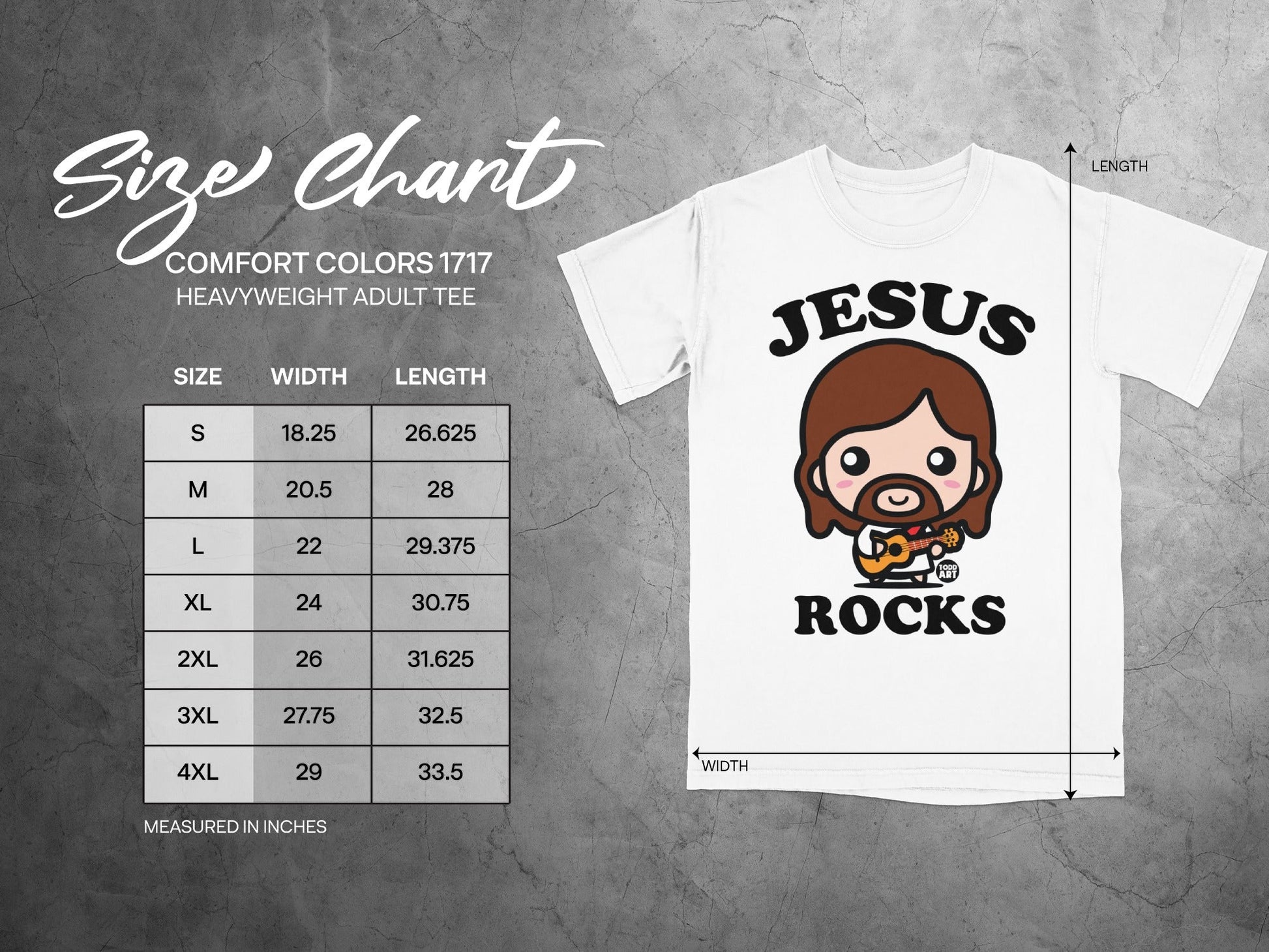 Size chart for Comfort Colors 1717 heavyweight adult tee with Jesus Rocks graphic.