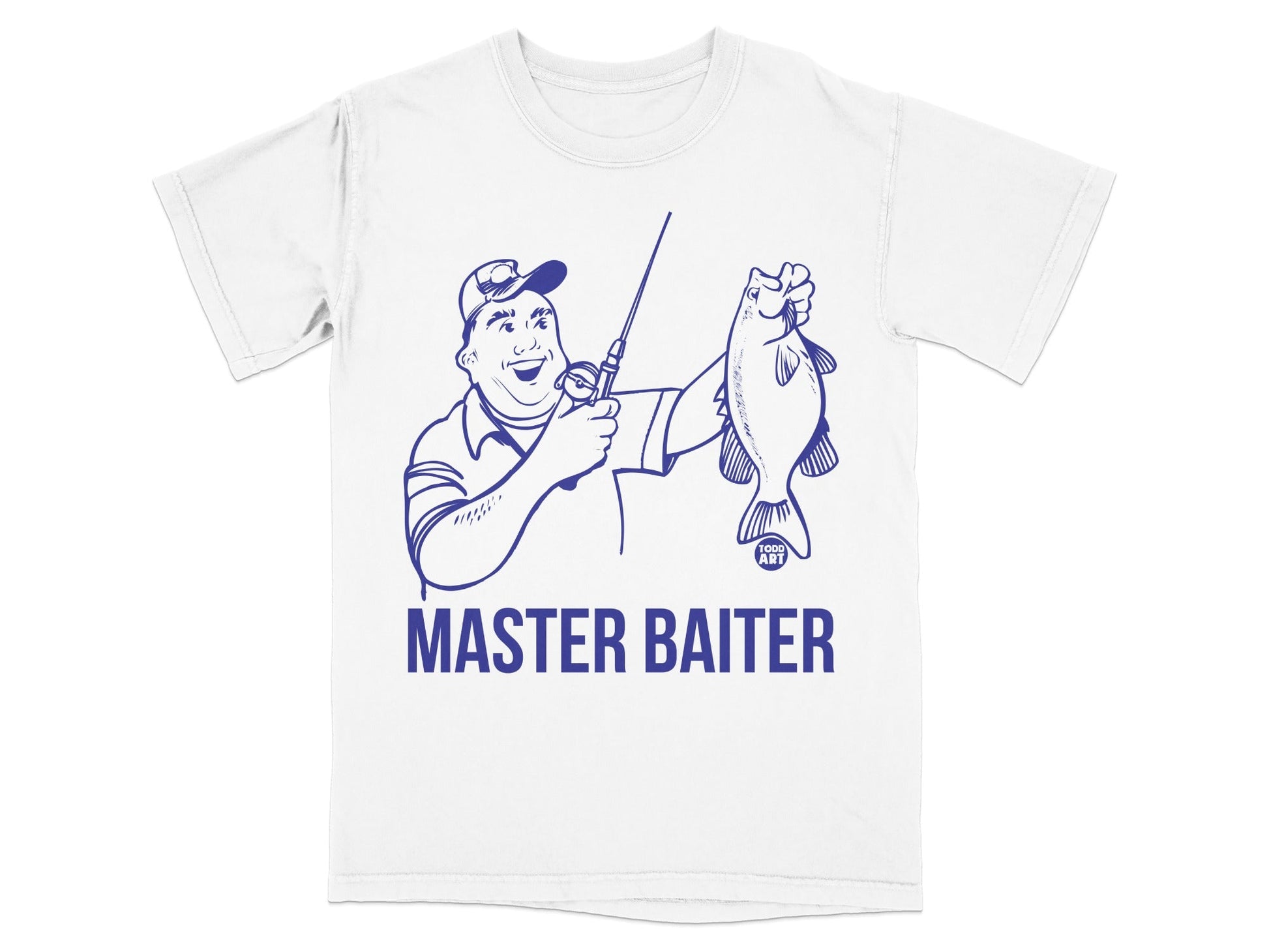 T-shirt design with man holding a fish, text "MASTER BAITER".