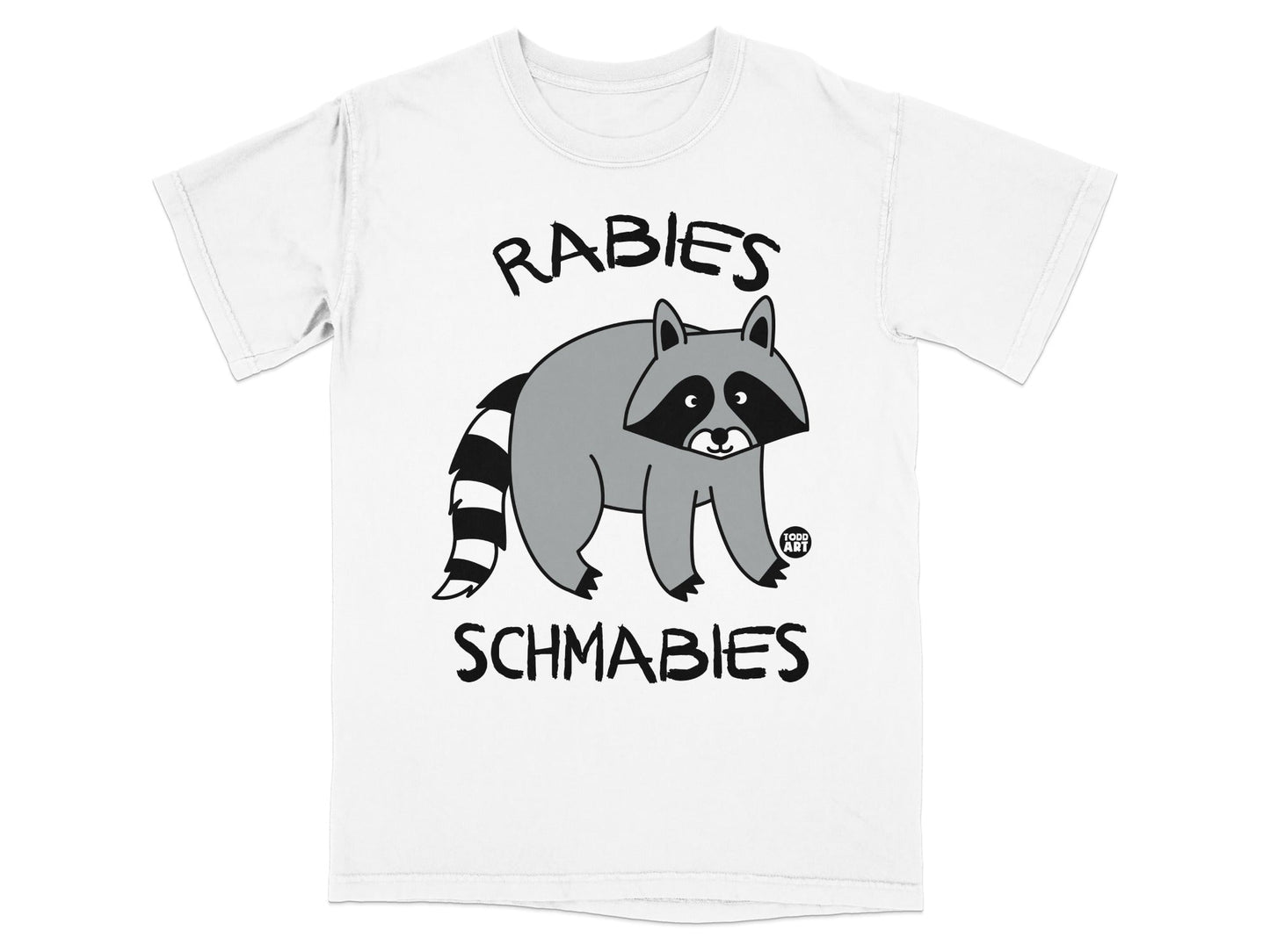 White t-shirt with raccoon and text "RABIES SCHMABIES" and a small circle logo.