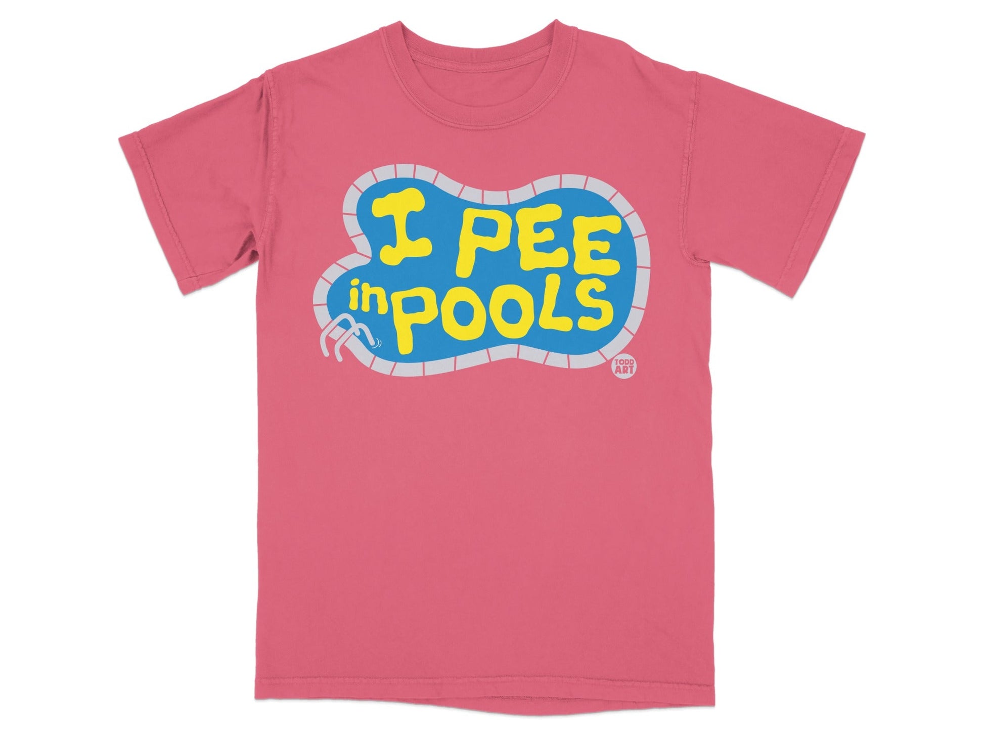 T-shirt with "I PEE in POOLS" text and a cartoon swimming pool graphic.