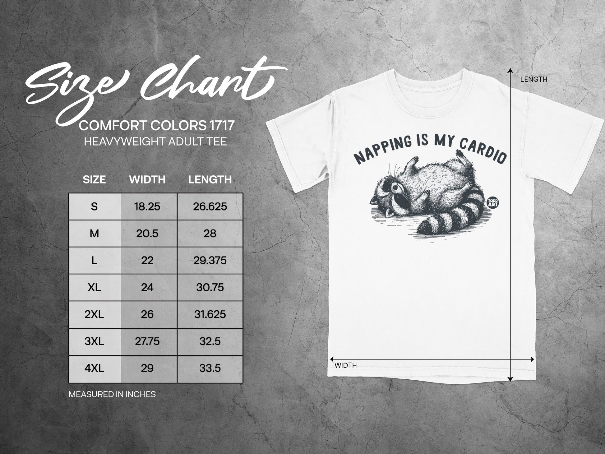 Size chart for Comfort Colors 1717 heavyweight adult tee with raccoon graphic.