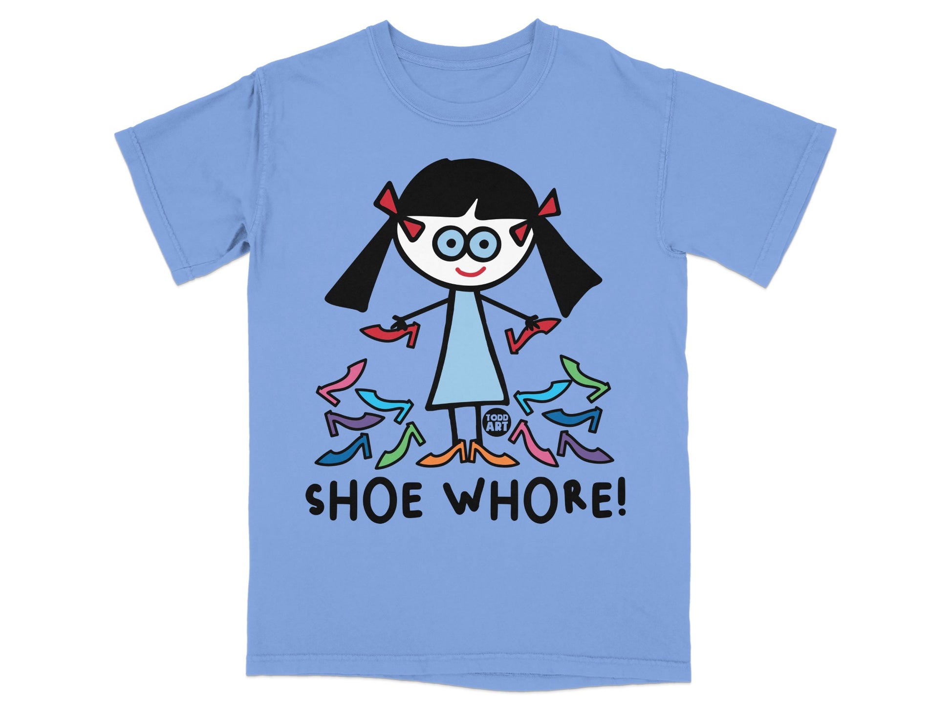 Cute Cartoon Girl Surrounded by Colorful Shoes Shirt