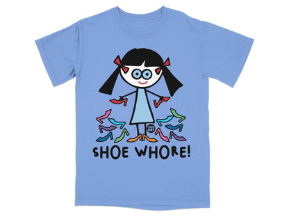 Cute Cartoon Girl Surrounded by Colorful Shoes Shirt