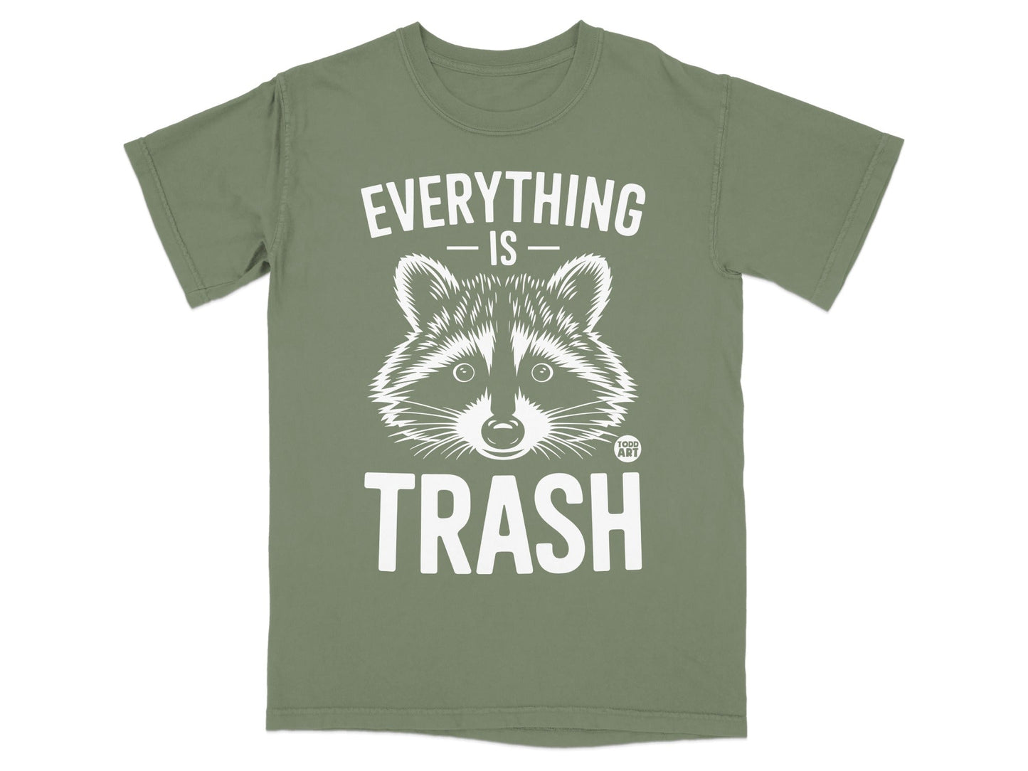 Green t-shirt with raccoon graphic and "Everything is Trash" text.