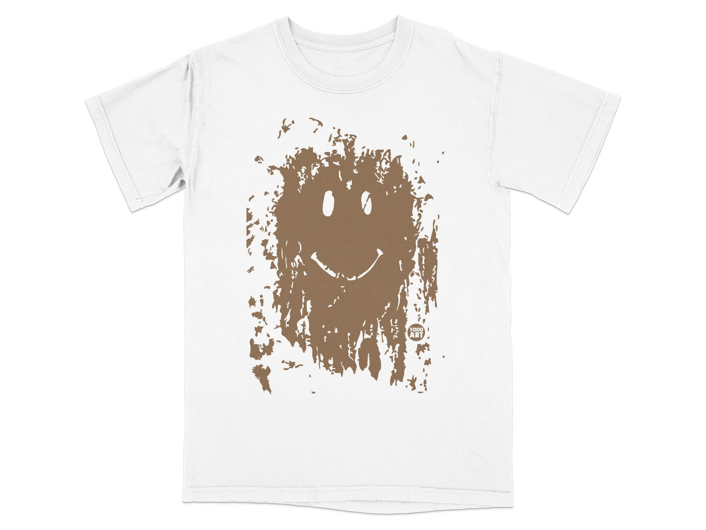White t-shirt with a brown, distressed smiley face graphic.