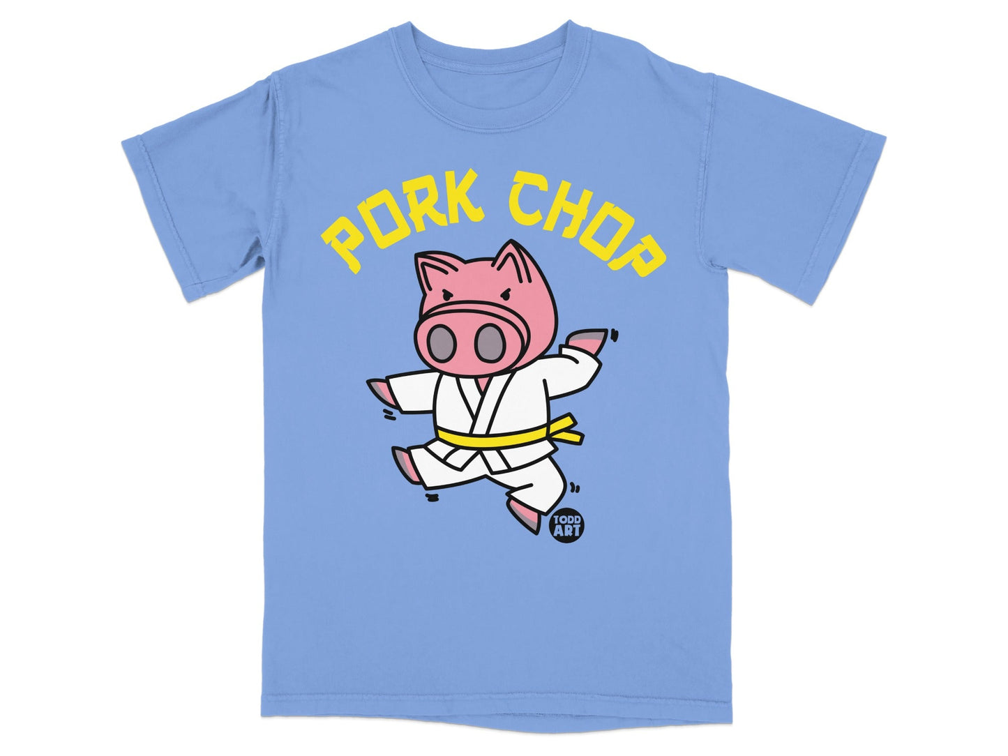 T-shirt featuring a cartoon pig in a karate gi with "Pork Chop" text.