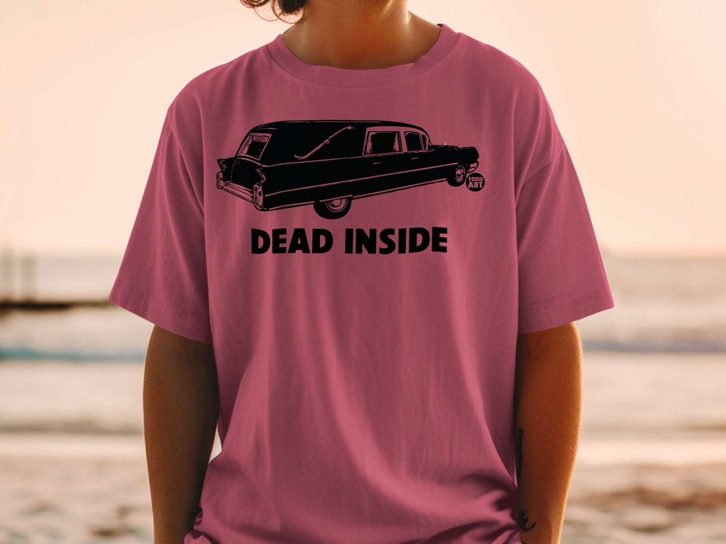 T-shirt with a hearse graphic and "DEAD INSIDE" text.