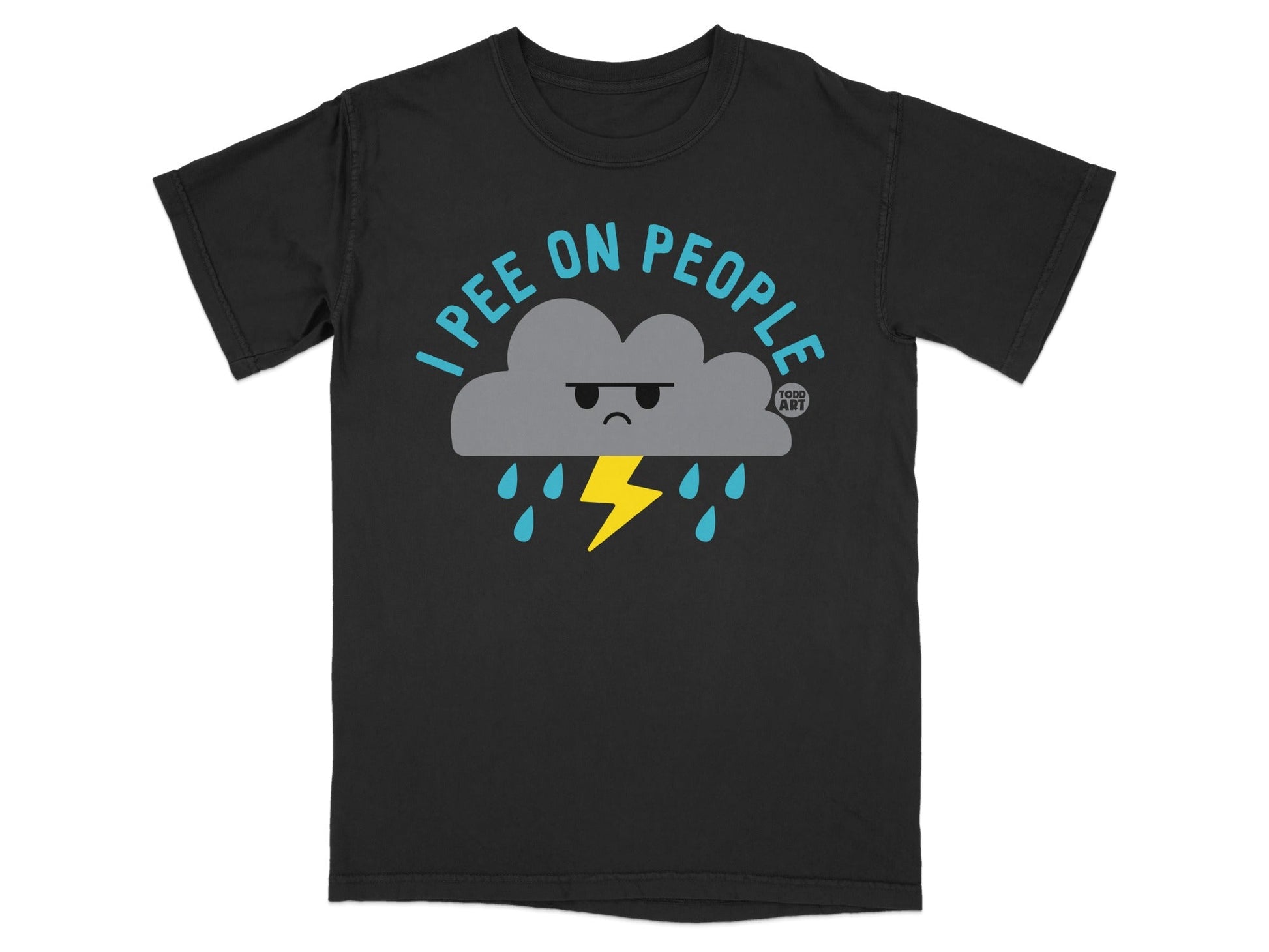 Black t-shirt with a grumpy cloud and yellow raindrops graphic.
