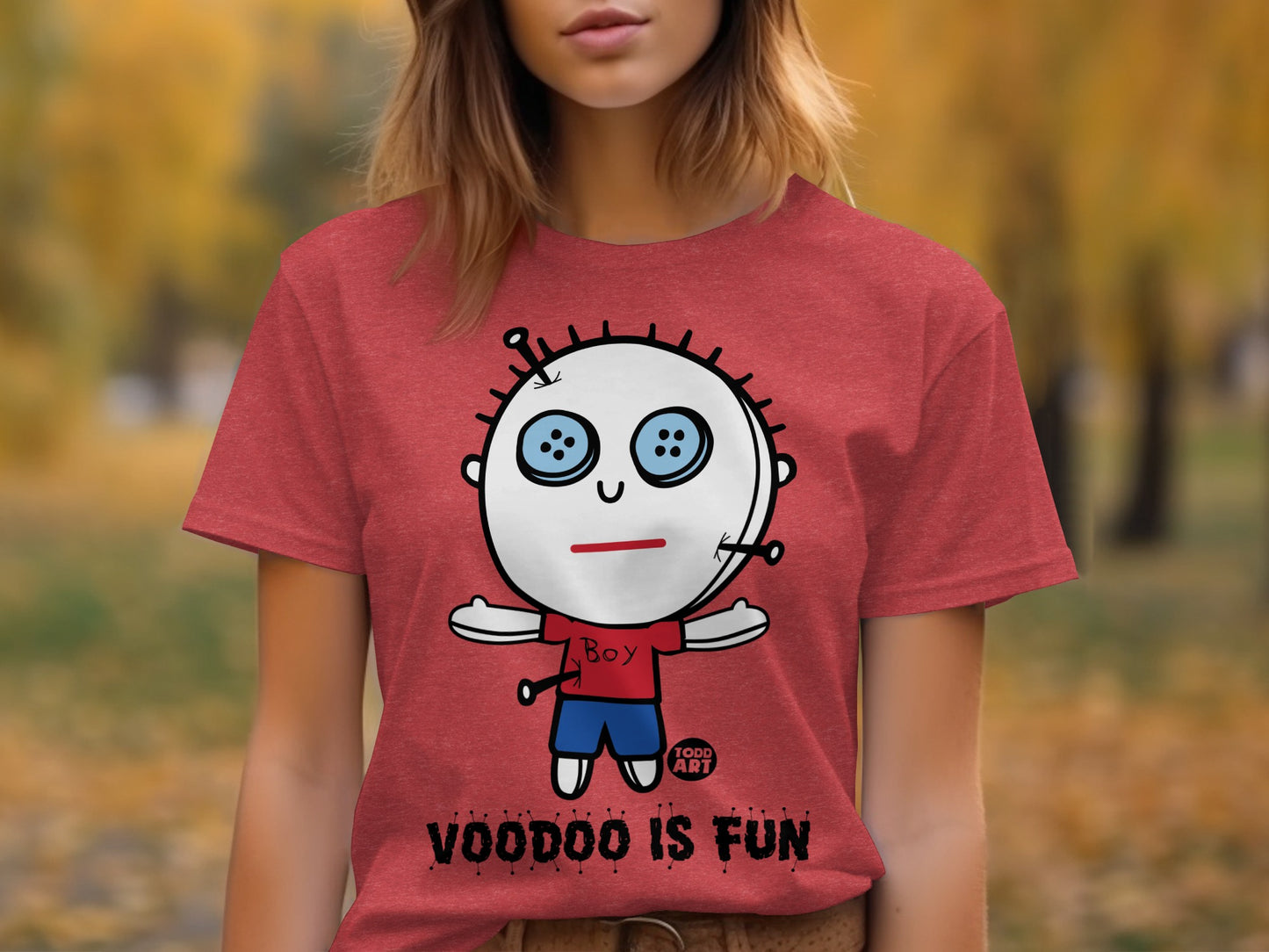 VOODOO IS FUN graphic T-shirt with cute doll design