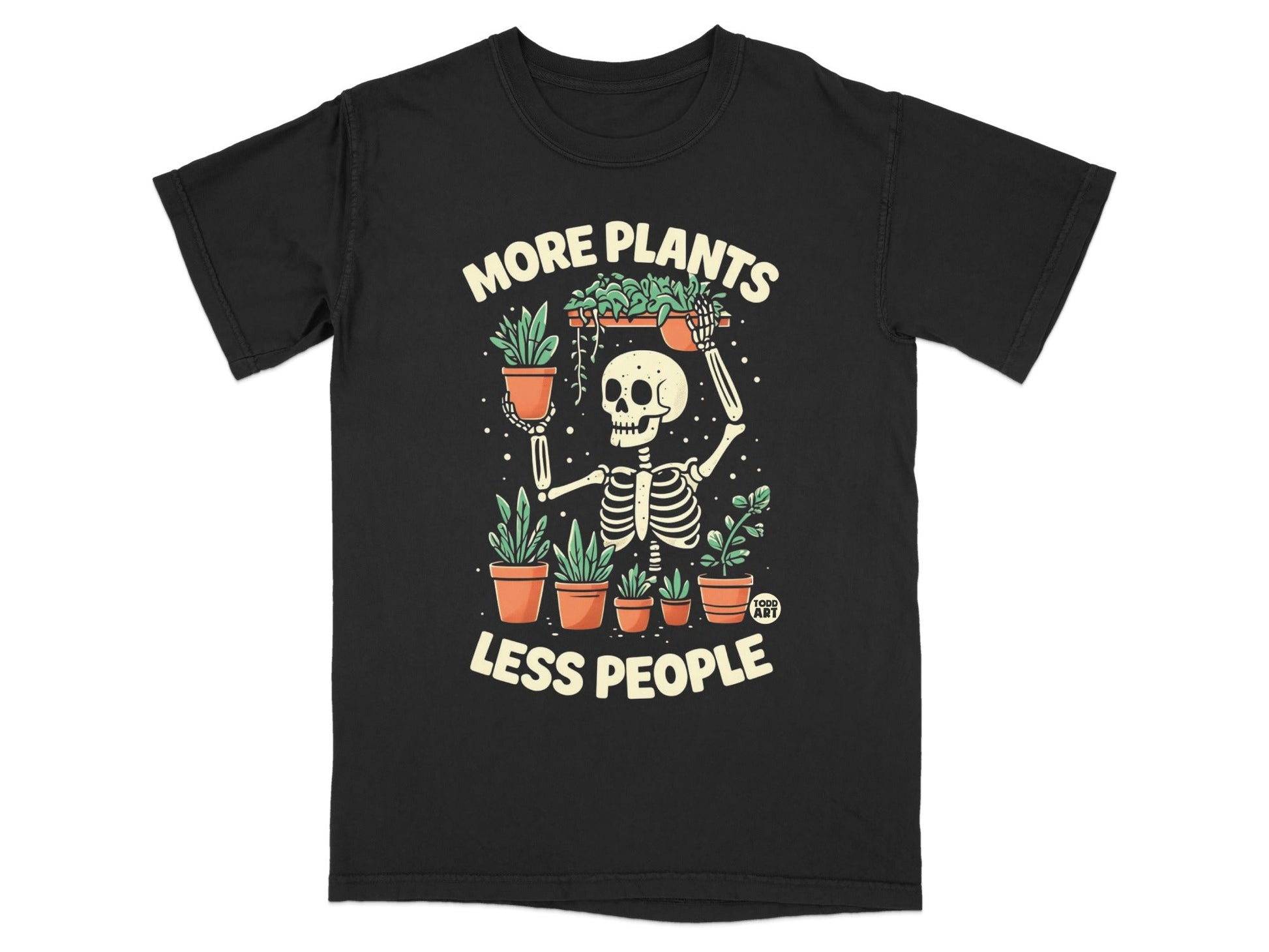 Skeleton holding potted plants with "More Plants Less People" text.