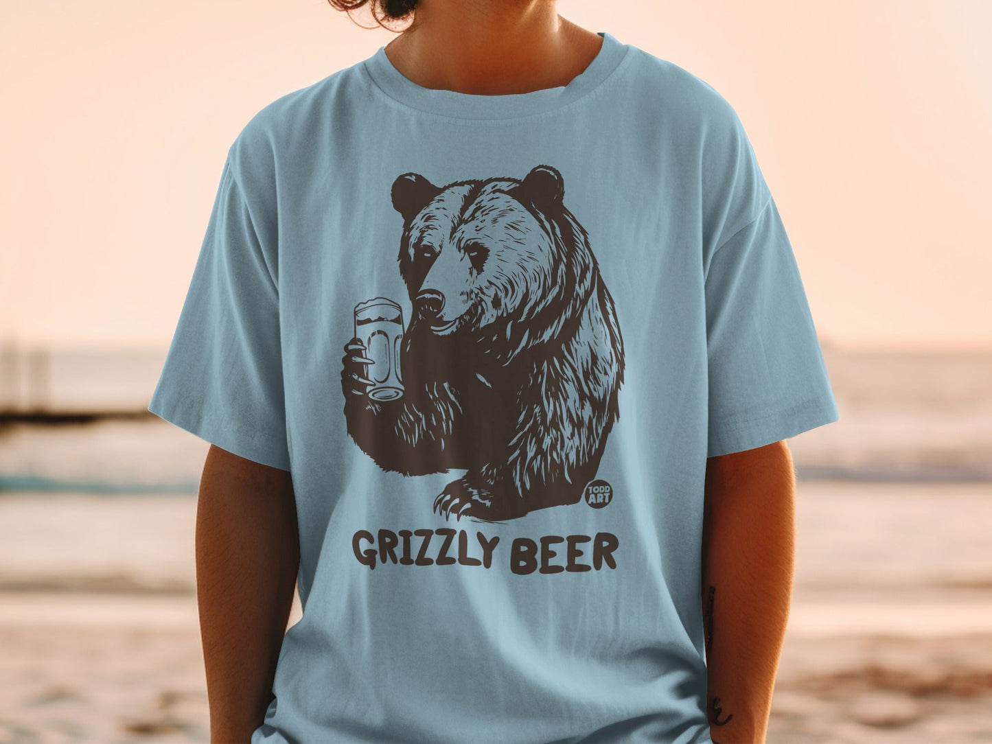 Grizzly Bear Drinking Beer Printed Graphic T-shirt