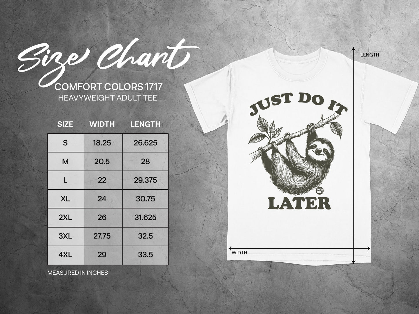 Comfort Colors 1717 size chart with t-shirt graphic and measurement details.