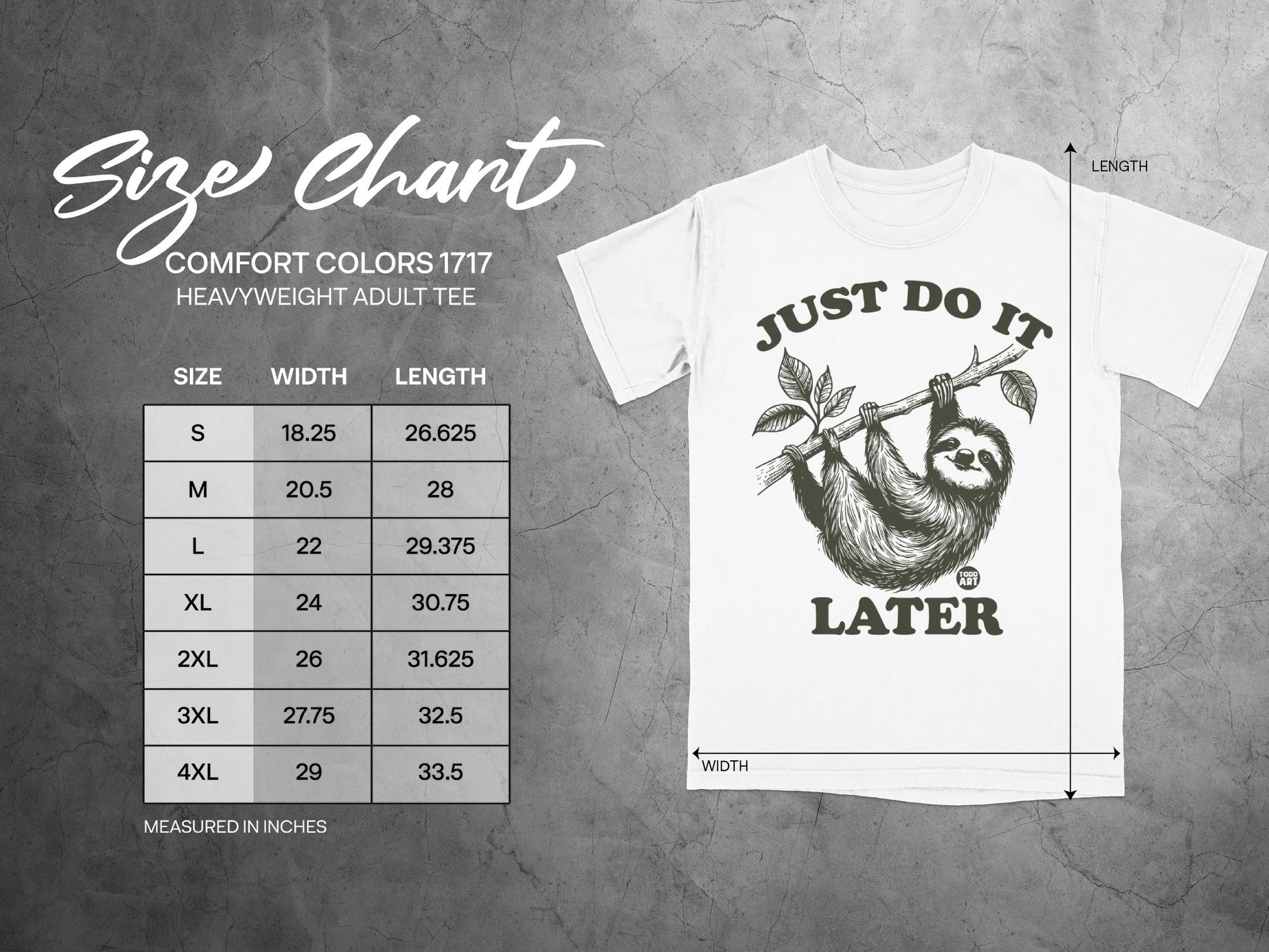 Comfort Colors 1717 size chart with t-shirt graphic and measurement details.