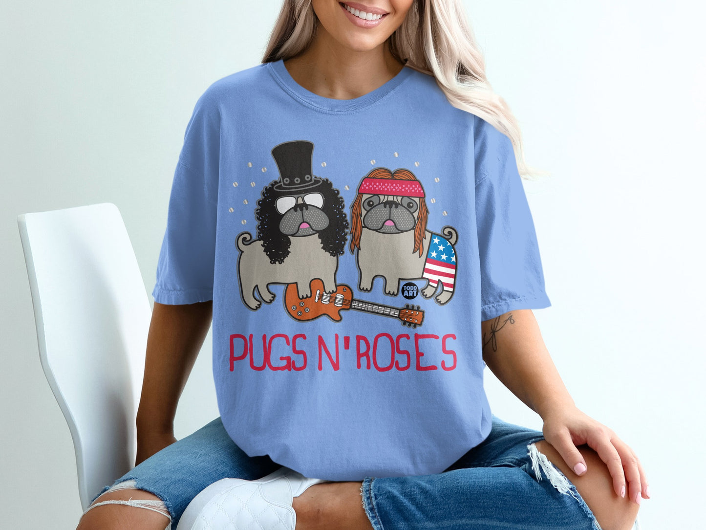 Cute Pugs N' Roses Rock Band Design T-Shirt