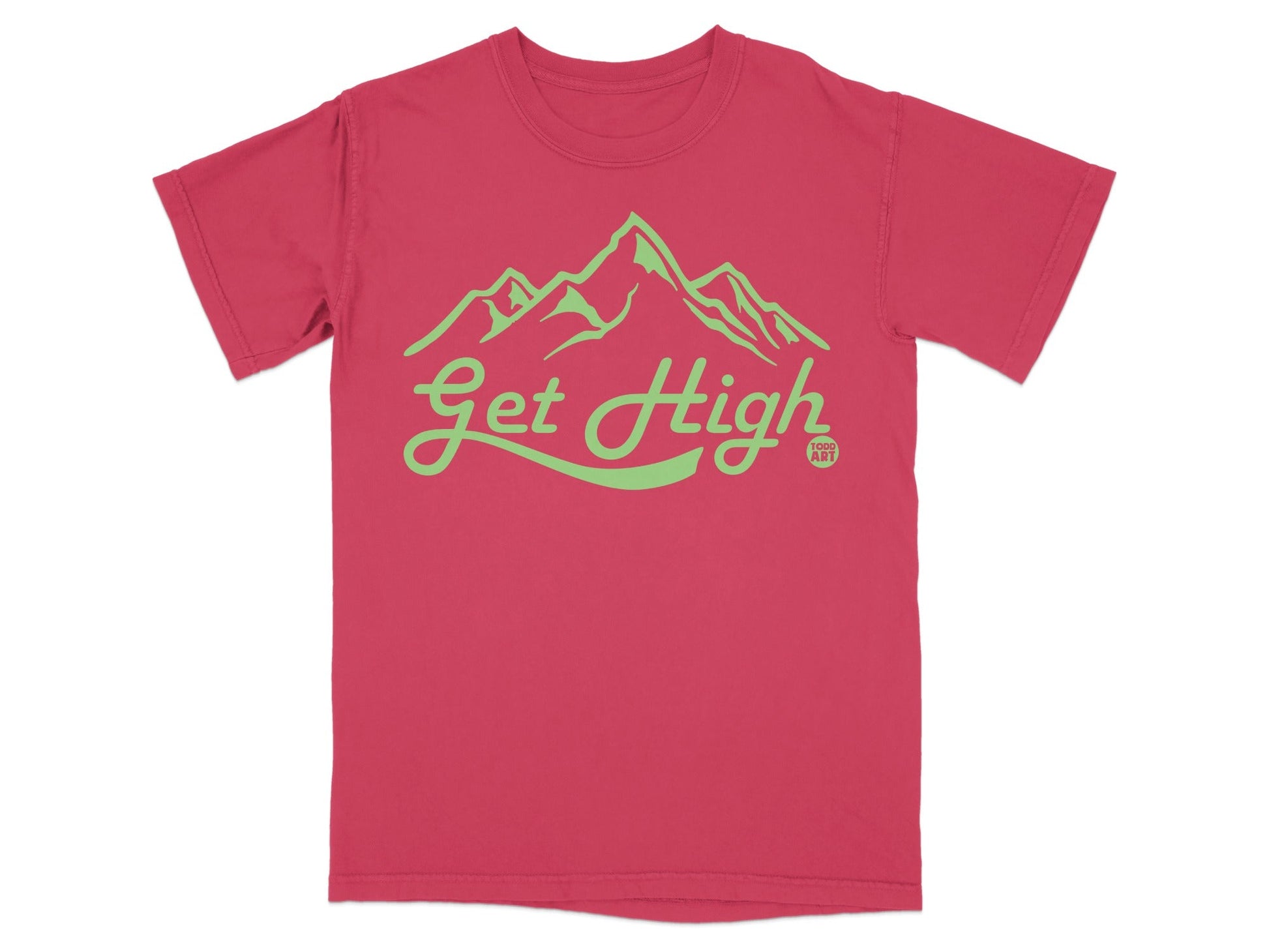 Red t-shirt with green "Get High" mountain graphic and "1000 ART" logo.