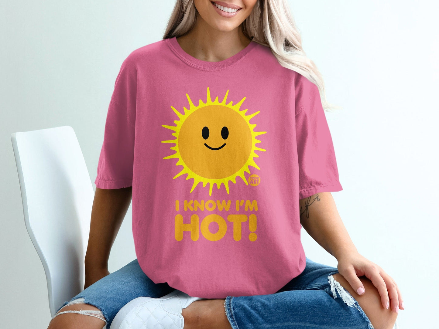 Pink t-shirt with a smiling sun graphic and "I KNOW I'M HOT!" text.