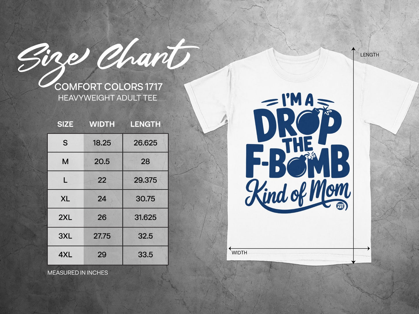 Comfort Colors 1717 Heavyweight Adult Tee size chart with width and length measurements.