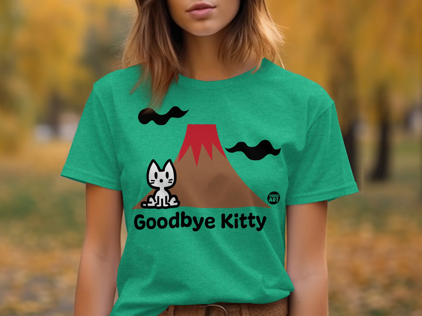 Goodbye Kitty Cute Cat and Volcano Graphic Tee