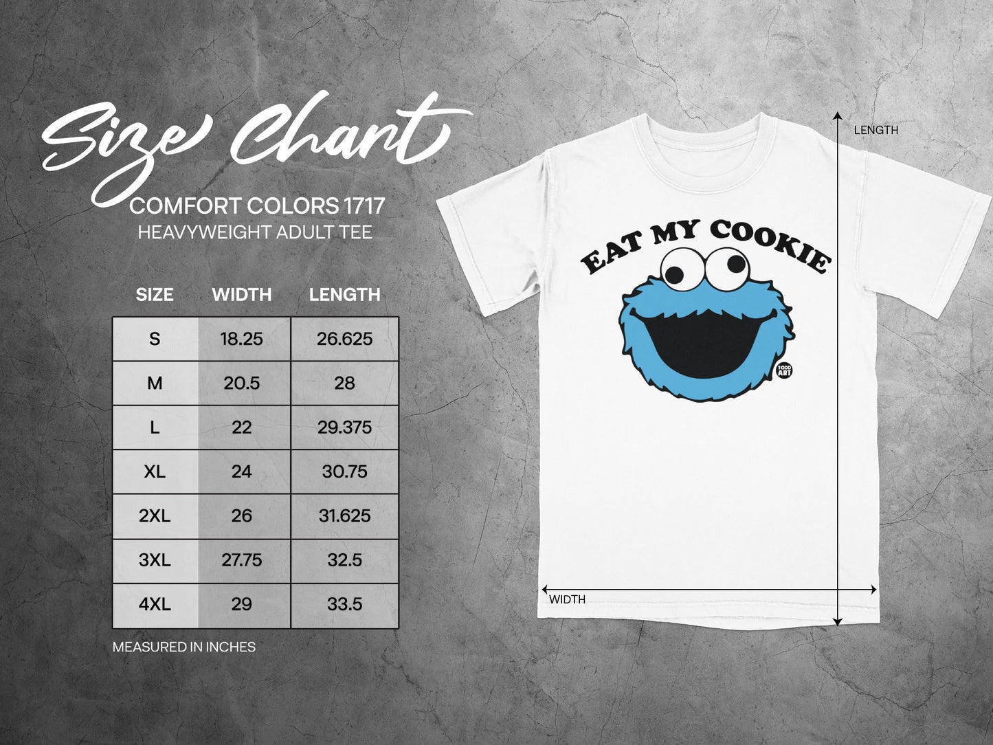 Size chart for Comfort Colors 1717 heavyweight adult tee with Cookie Monster graphic.