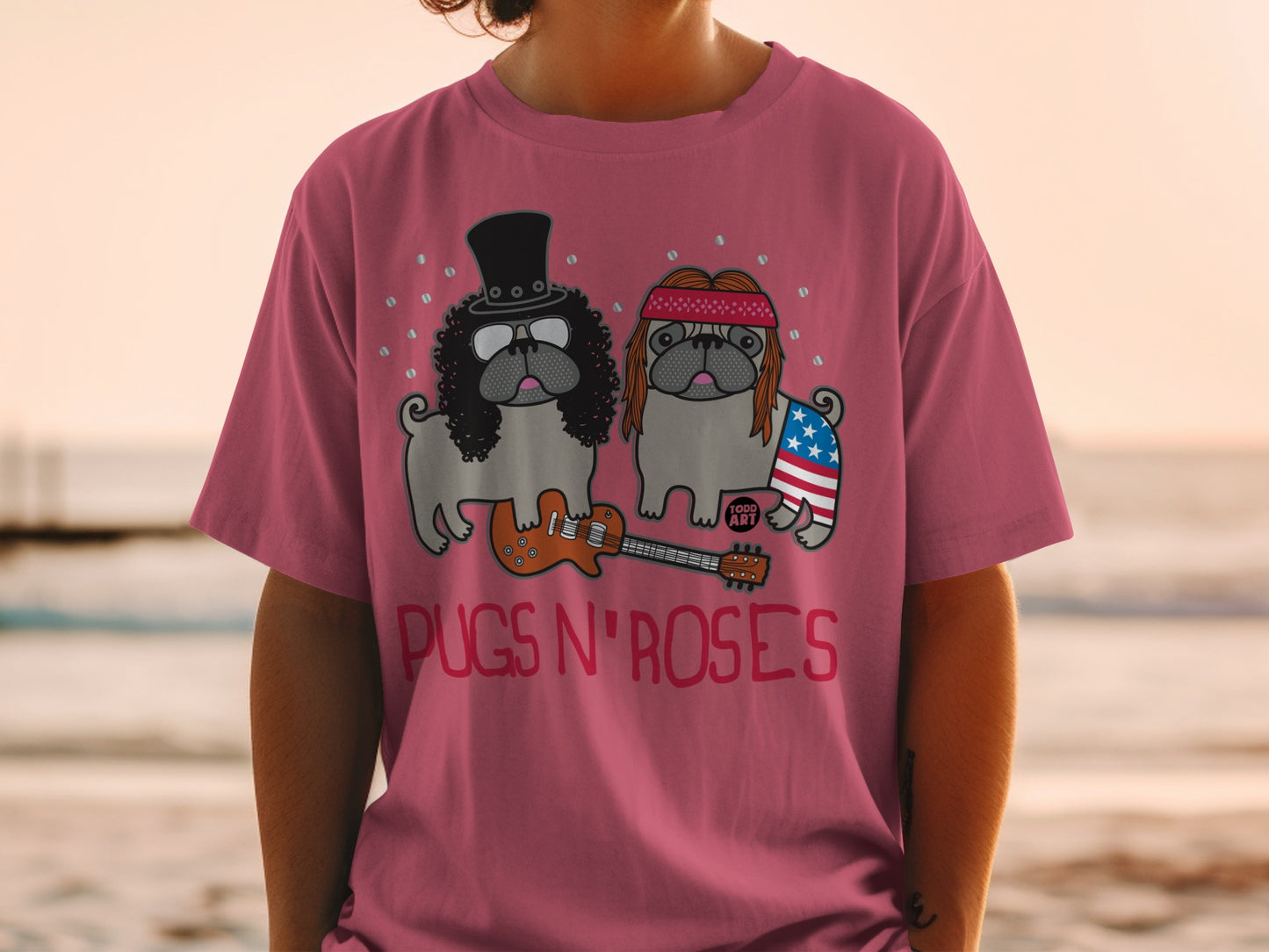 Pugs N' Roses Graphic Tee with Cute Pug Design