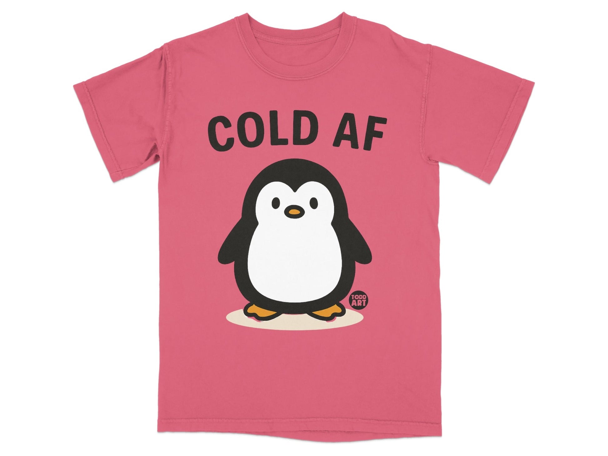 Pink t-shirt with cartoon penguin and text "COLD AF".