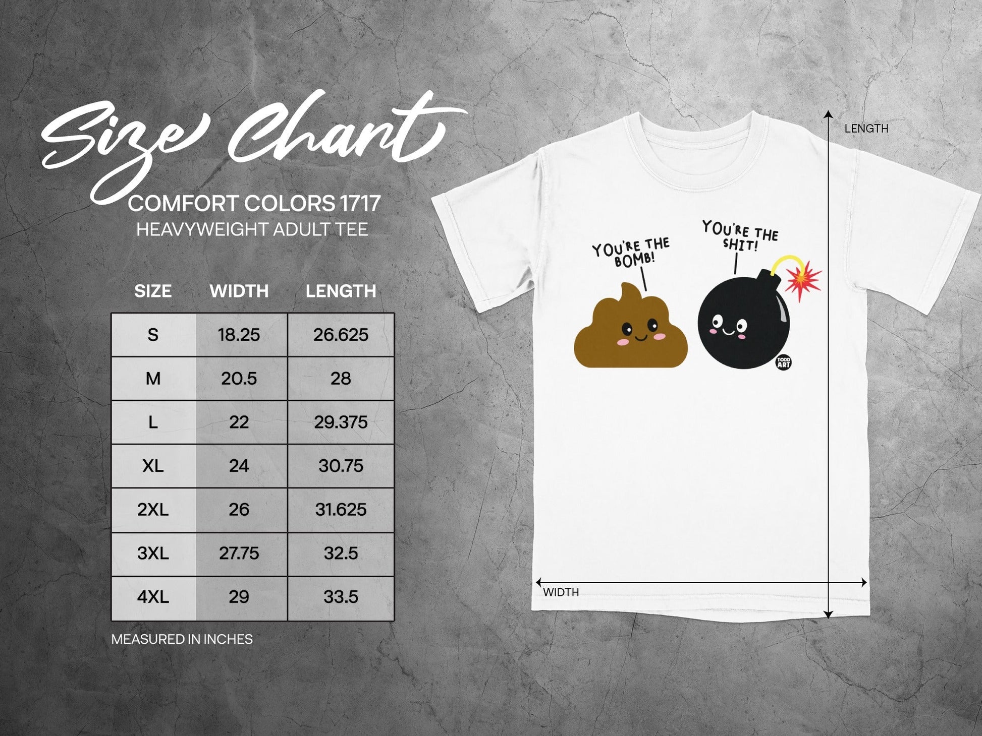 Comfort Colors 1717 heavyweight adult tee size chart with cartoon poop and bomb.
