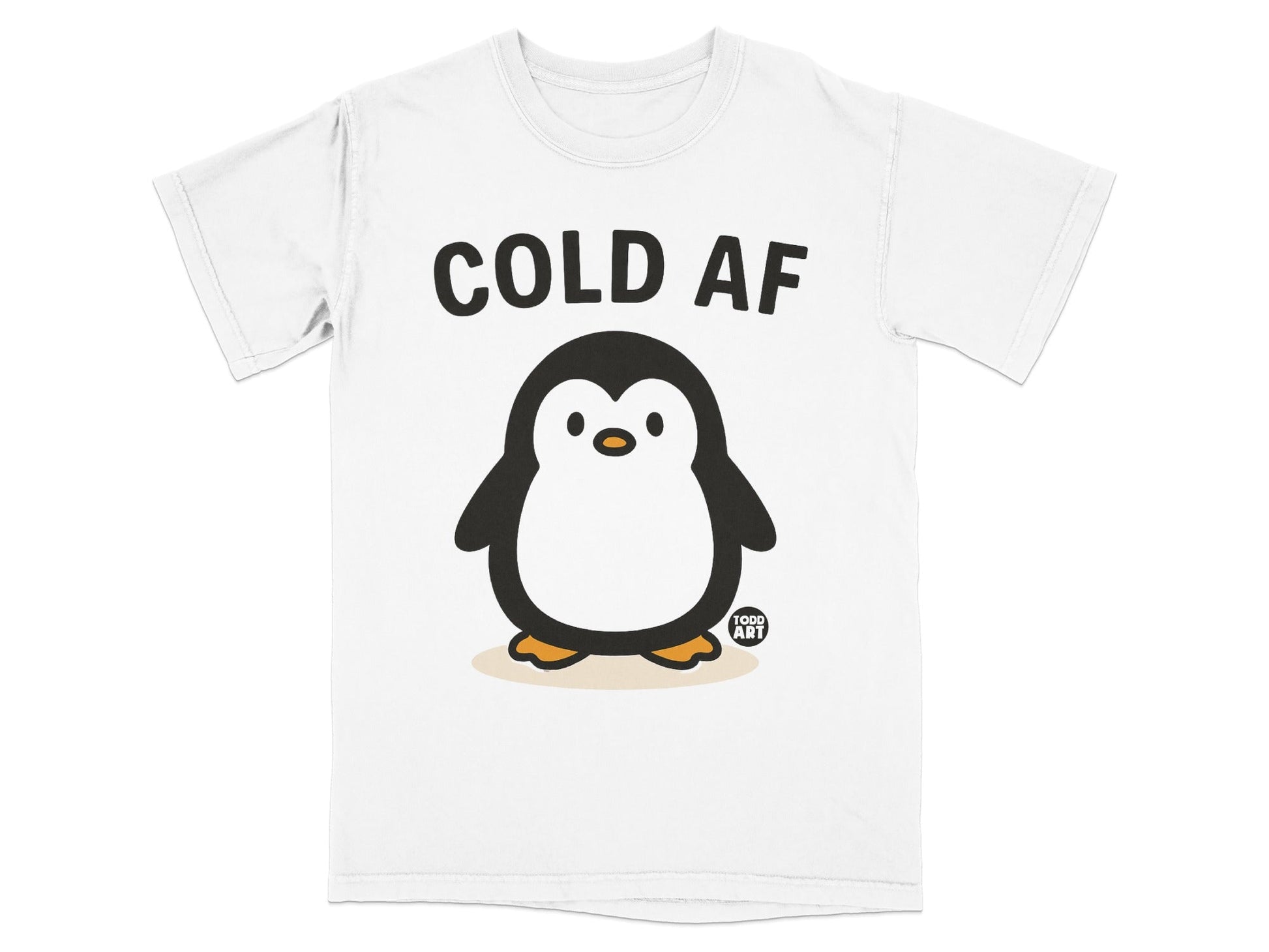 White t-shirt with "COLD AF" and a cute penguin graphic.