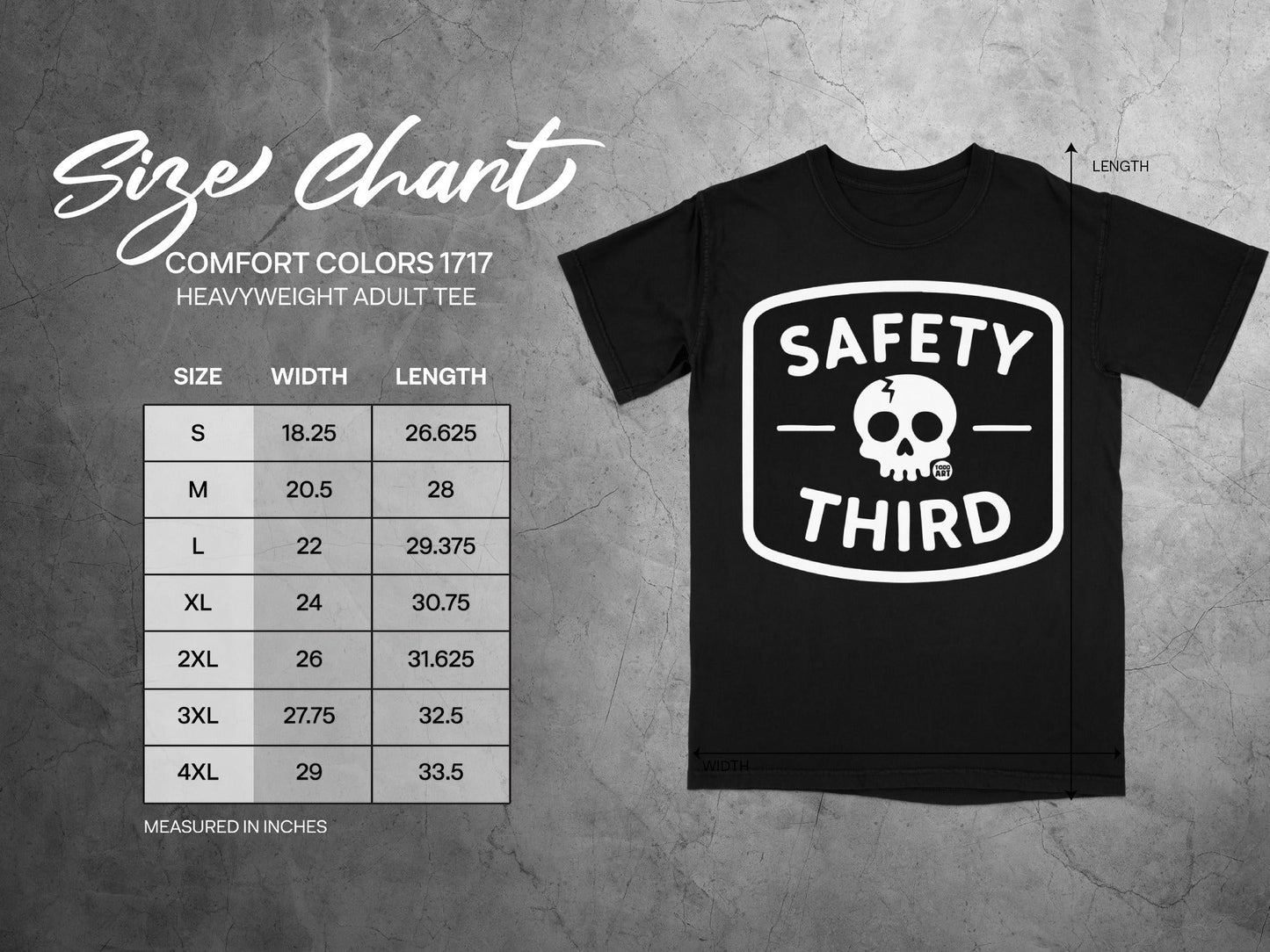 Comfort Colors 1717 size chart for heavyweight adult tee, showing width and length measurements.
