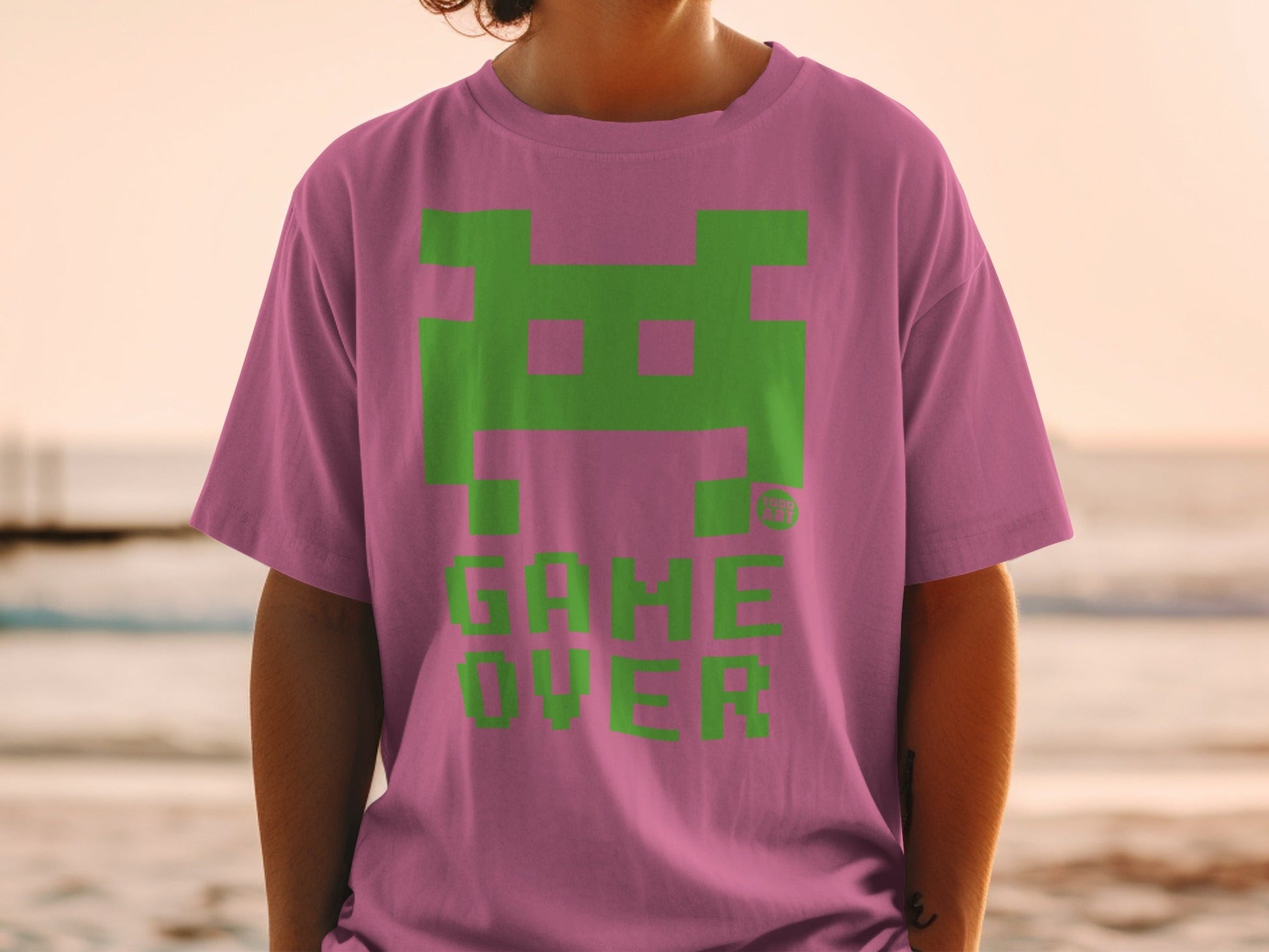 Pink T-Shirt with Green Game Over Pixel Art Design