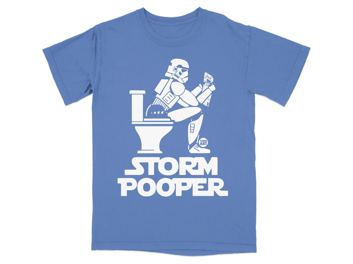 Stormtrooper sitting on a toilet, reading a datapad, with text "STORM POOPER".