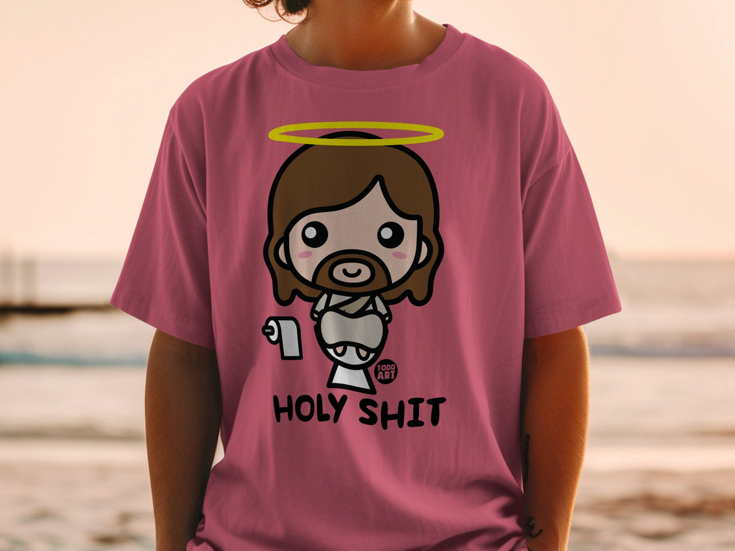 Chibi Jesus with halo and toilet paper, text "HOLY SHIT".