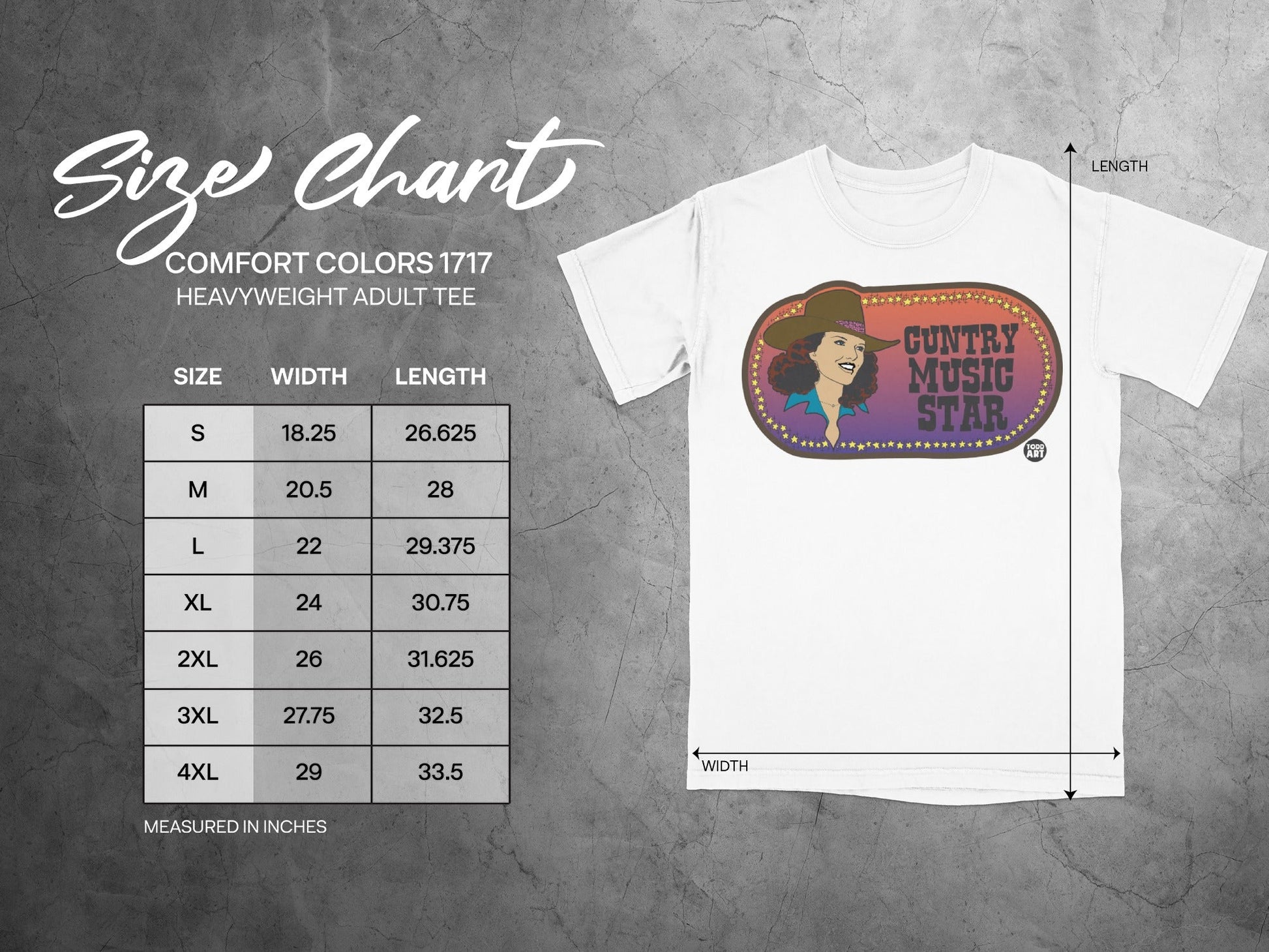Size chart for Comfort Colors 1717 heavyweight adult tee, measured in inches.