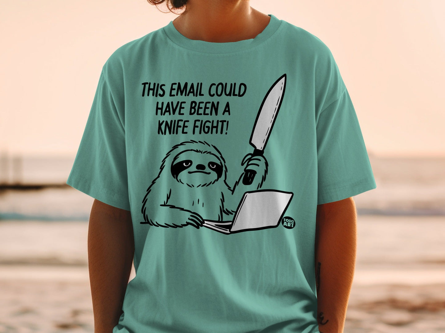 Sloth with knife at laptop, text "This email could have been a knife fight".