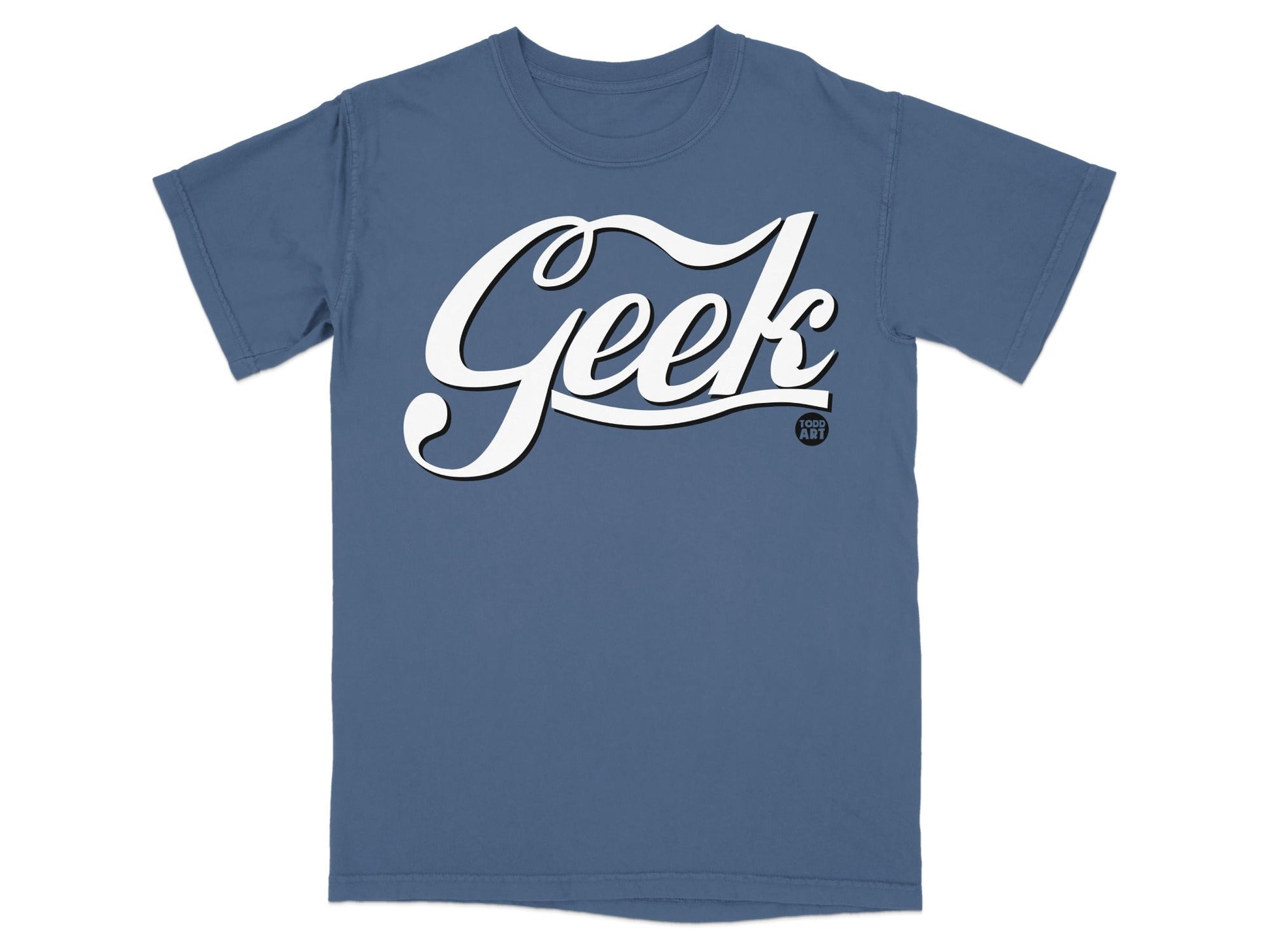 Blue t-shirt with "Geek" logo and "100% Geek" text.