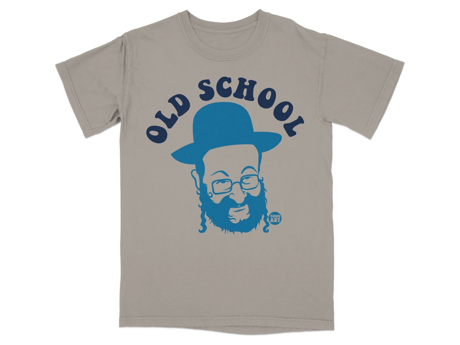 T-shirt with blue "OLD SCHOOL" text and illustration of a bearded man in a hat.