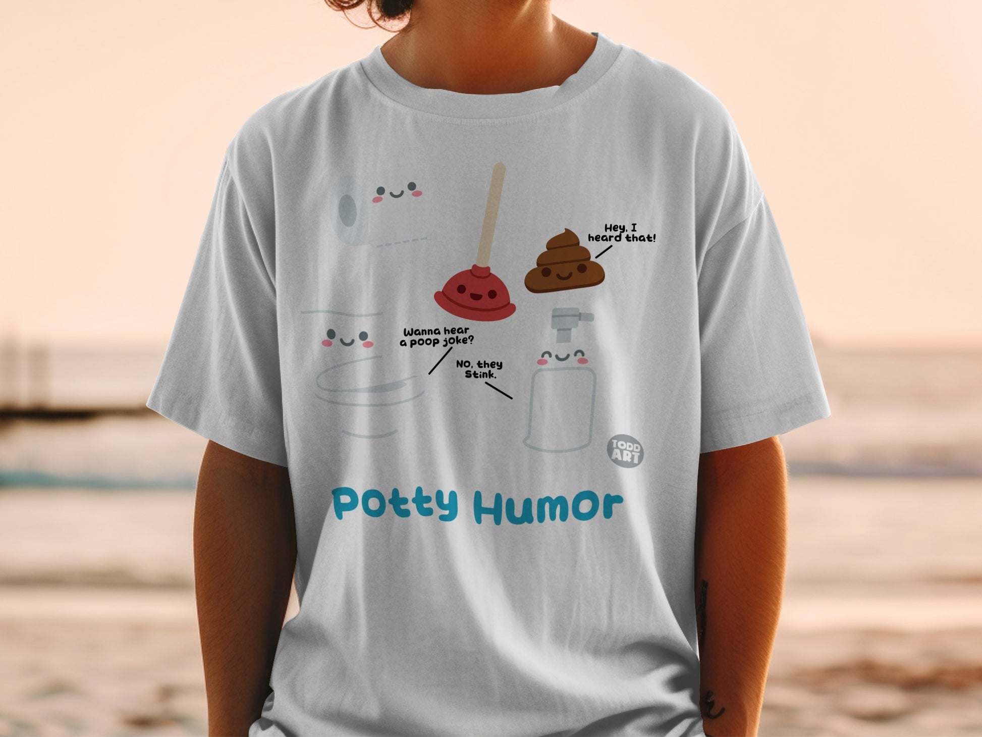 T-shirt with cartoon toilet paper, plunger, and emoji poop discussing jokes.