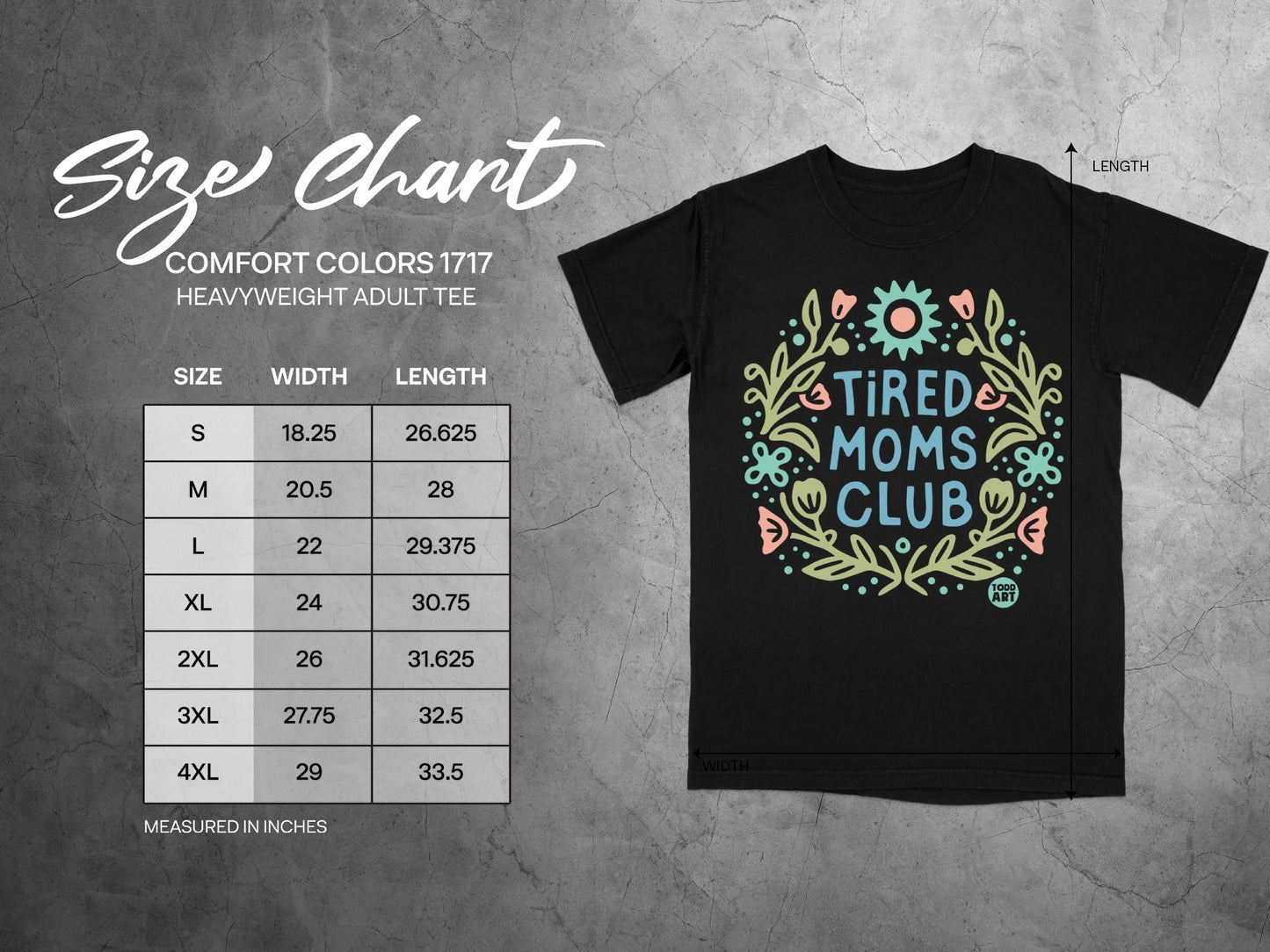 Size chart for Comfort Colors 1717 heavyweight adult tee.