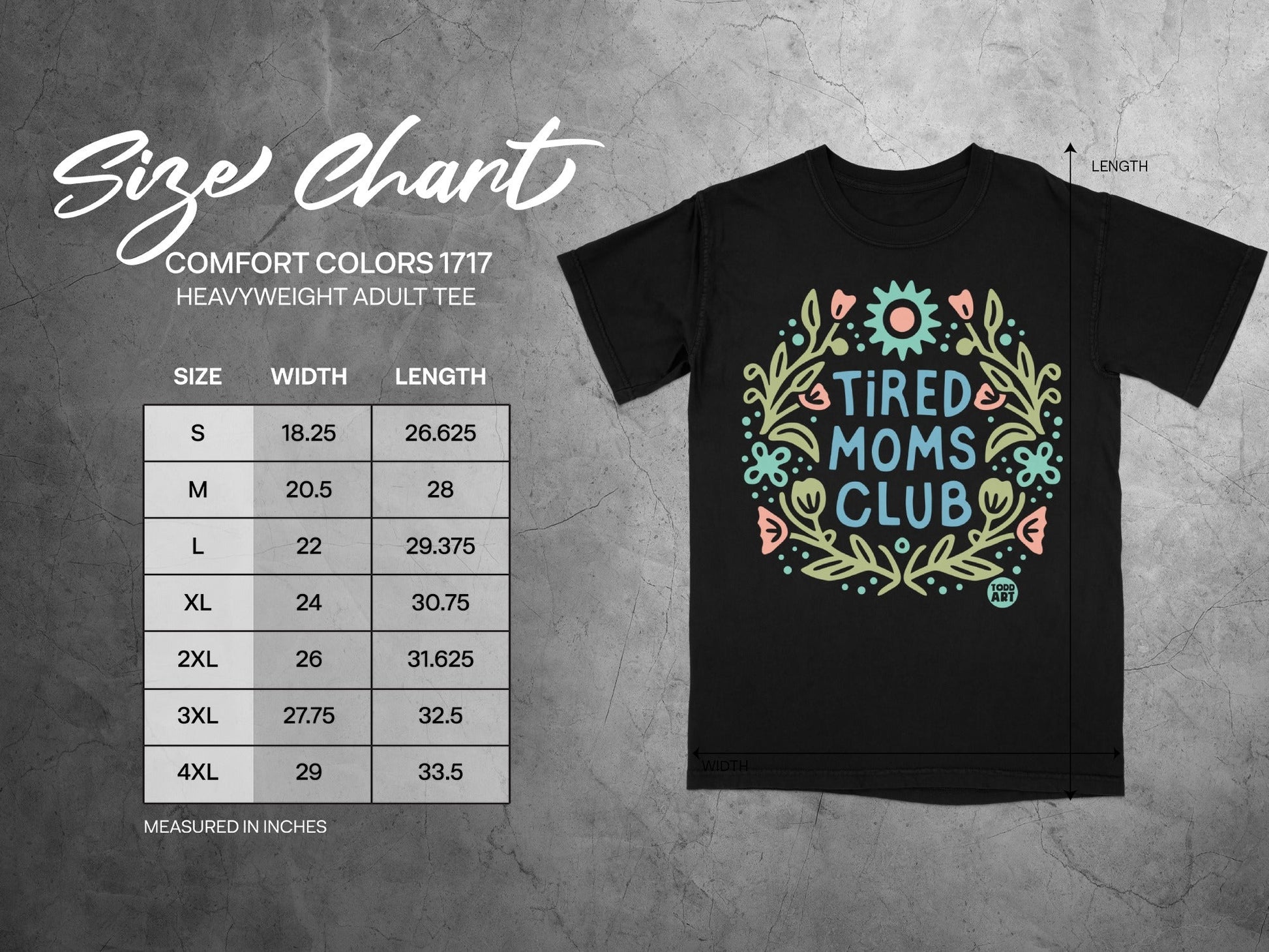 Size chart for Comfort Colors 1717 heavyweight adult tee.